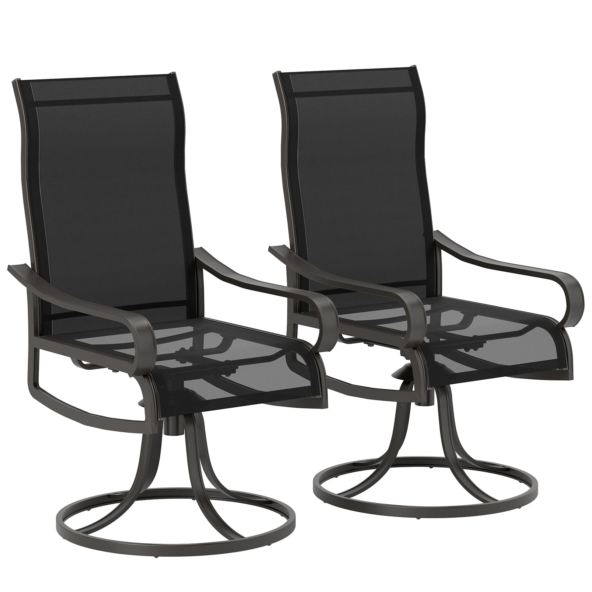 2-Piece Swivel Patio Dining Chairs, 360° Swivel Rocking Outdoor Chairs with Curved Armrests, Breathable Mesh Seat & S Shape Backrest for Yard, Lawn, Porch, Black
