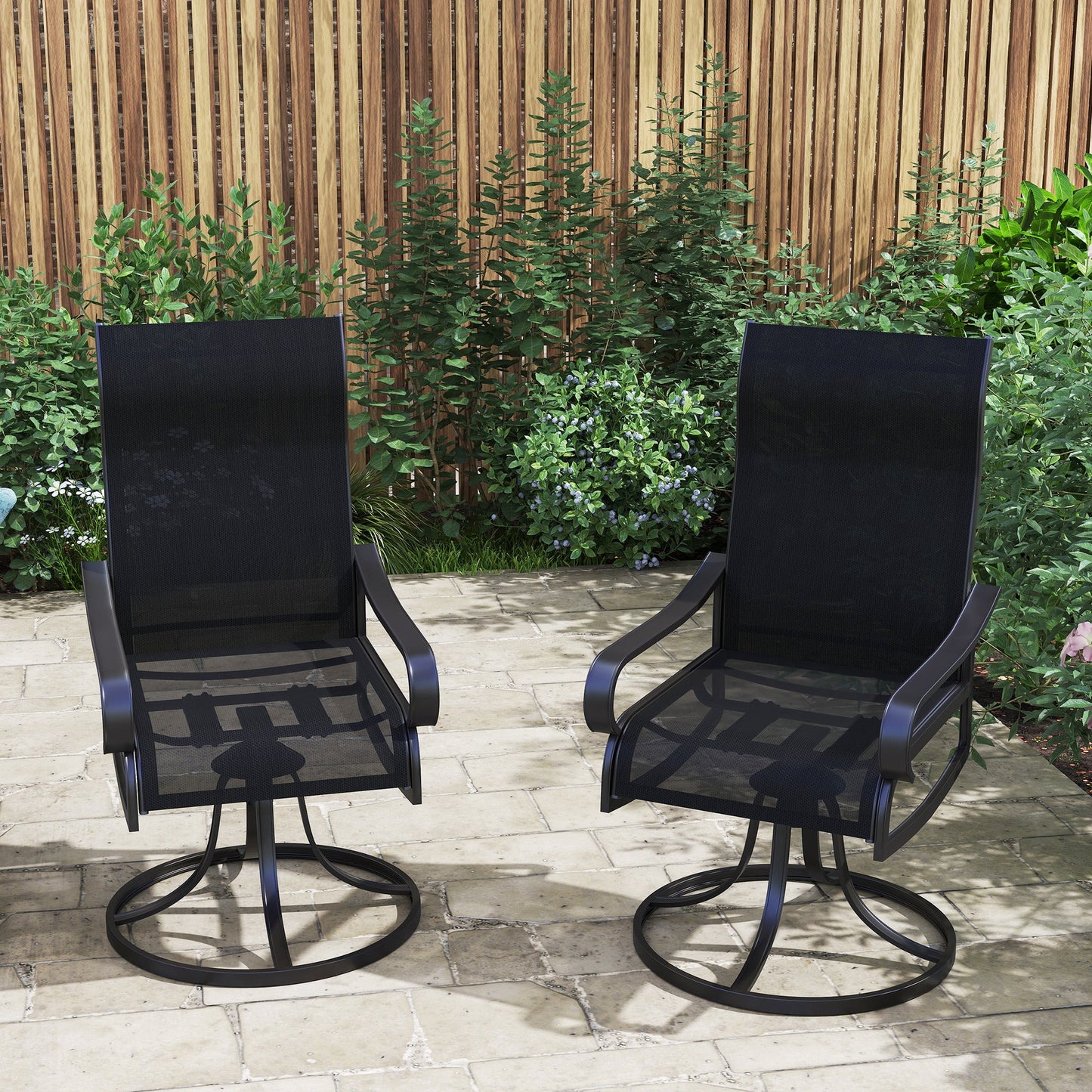 2-Piece Swivel Patio Dining Chairs, 360° Swivel Rocking Outdoor Chairs with Curved Armrests, Breathable Mesh Seat & S Shape Backrest for Yard, Lawn, Porch, Black