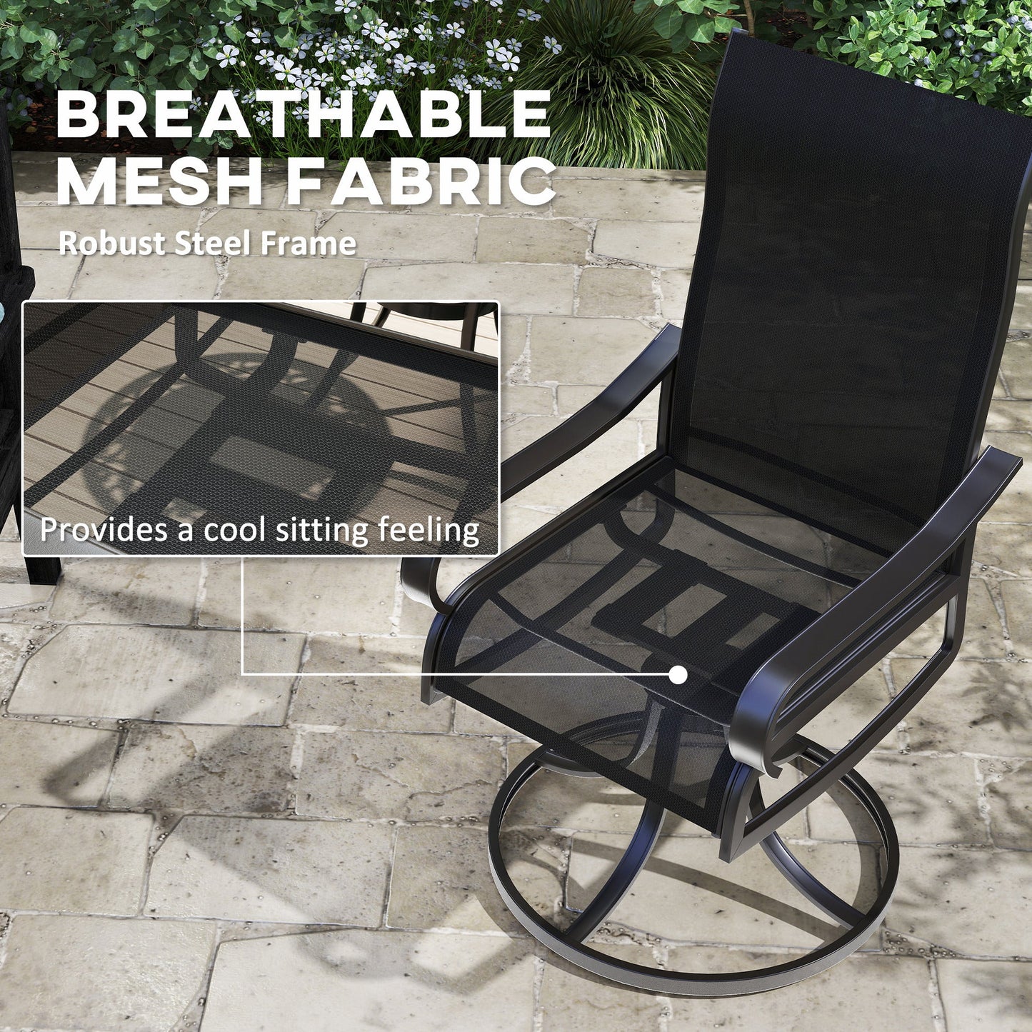 2-Piece Swivel Patio Dining Chairs, 360° Swivel Rocking Outdoor Chairs with Curved Armrests, Breathable Mesh Seat & S Shape Backrest for Yard, Lawn, Porch, Black