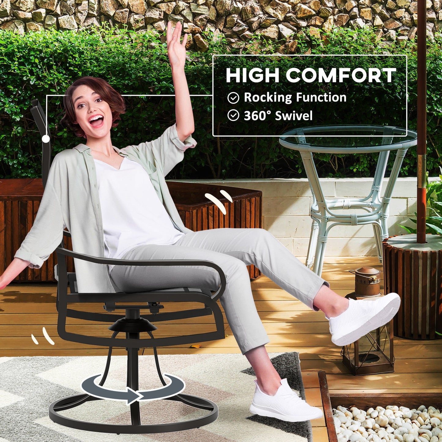 2-Piece Swivel Patio Dining Chairs, 360° Swivel Rocking Outdoor Chairs with Curved Armrests, Breathable Mesh Seat & S Shape Backrest for Yard, Lawn, Porch, Black