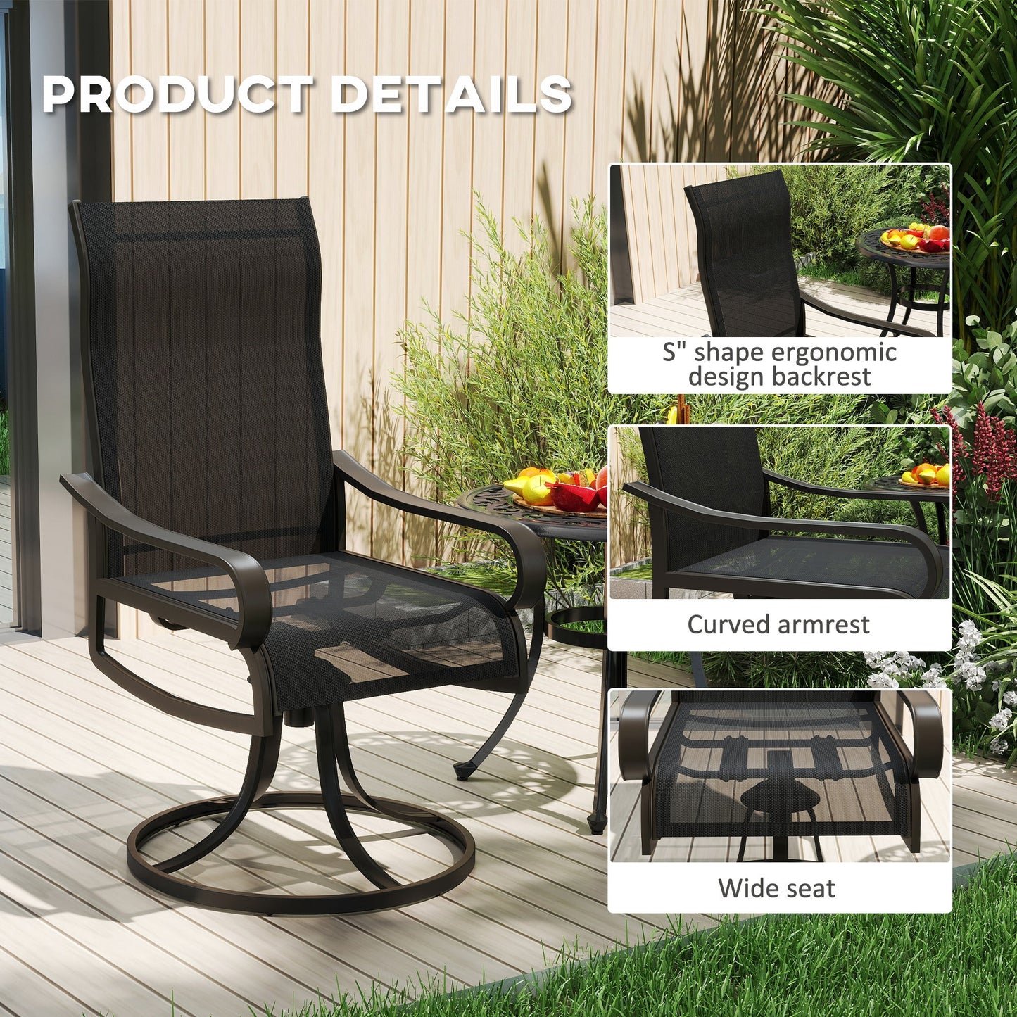 2-Piece Swivel Patio Dining Chairs, 360° Swivel Rocking Outdoor Chairs with Curved Armrests, Breathable Mesh Seat & S Shape Backrest for Yard, Lawn, Porch, Black