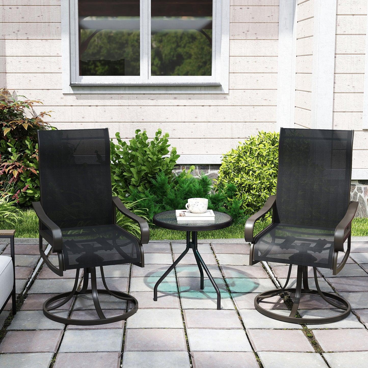 2-Piece Swivel Patio Dining Chairs, 360° Swivel Rocking Outdoor Chairs with Curved Armrests, Breathable Mesh Seat & S Shape Backrest for Yard, Lawn, Porch, Black