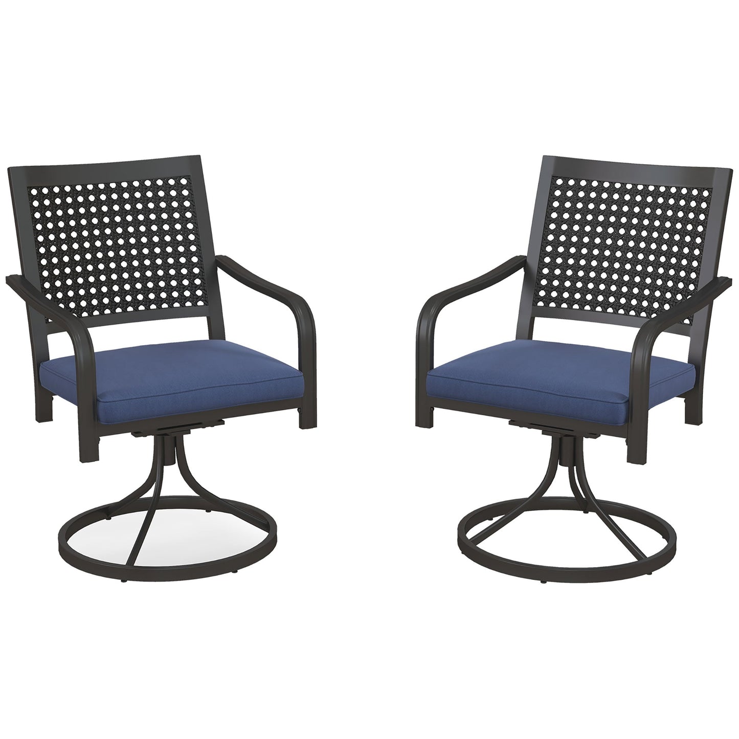 2 Pieces Patio Swivel Chairs with Cushion, Outdoor Swivel Rocker with Curved Armrests, Backrest for Garden, Balcony, Porch, Navy Blue