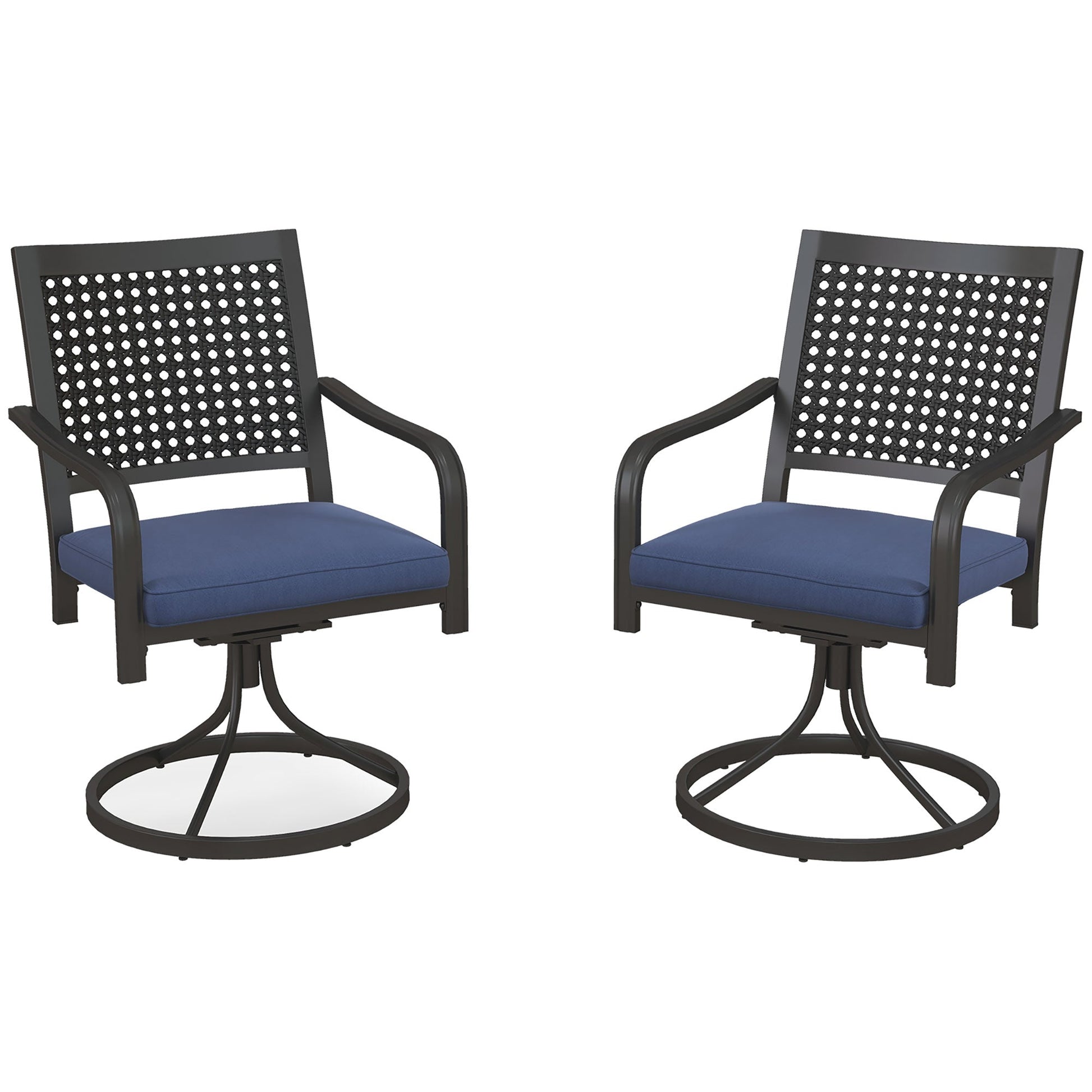 2 Pieces Patio Swivel Chairs with Cushion, Outdoor Swivel Rocker with Curved Armrests, Backrest for Garden, Balcony, Porch, Navy Blue