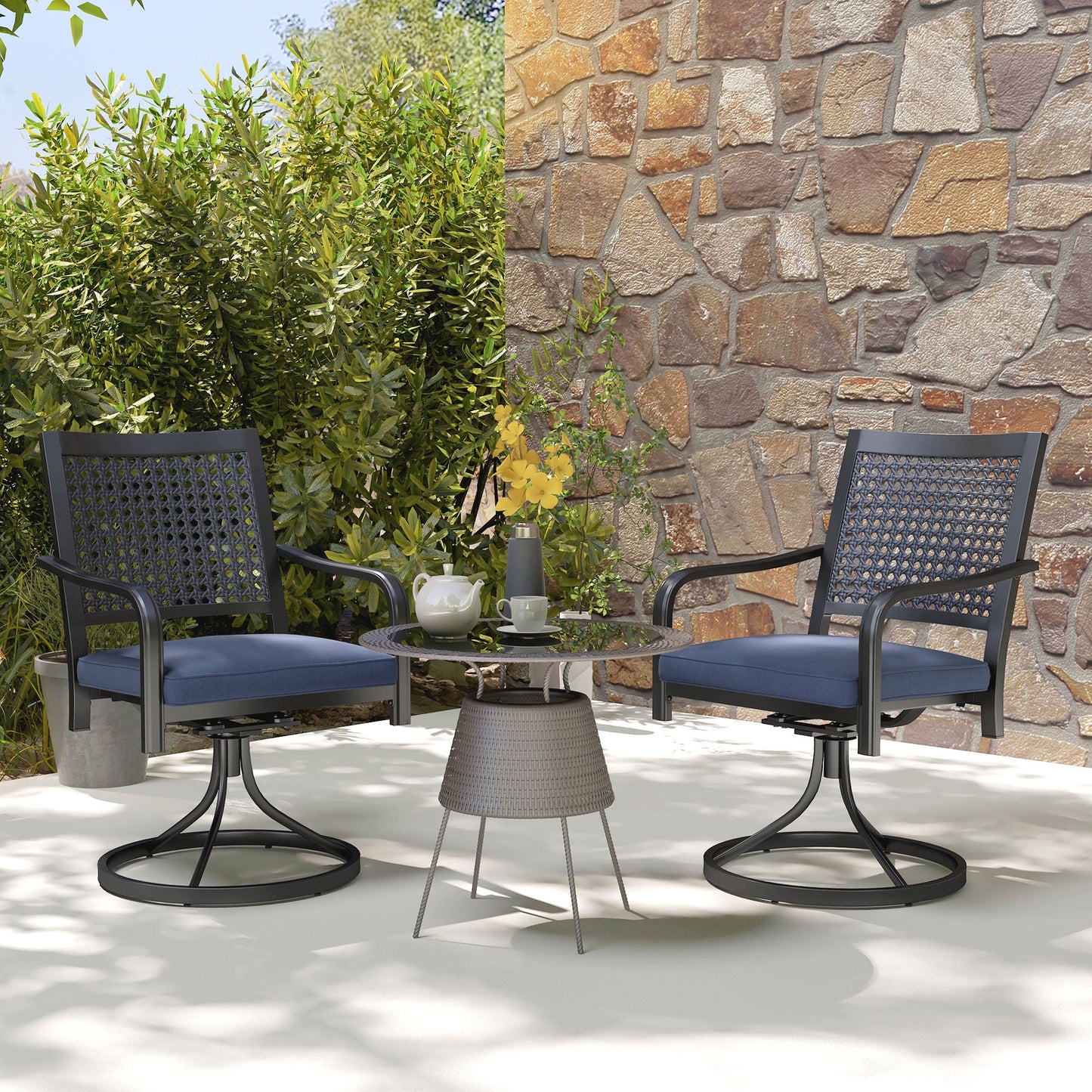 2 Pieces Patio Swivel Chairs with Cushion, Outdoor Swivel Rocker with Curved Armrests, Backrest for Garden, Balcony, Porch, Navy Blue