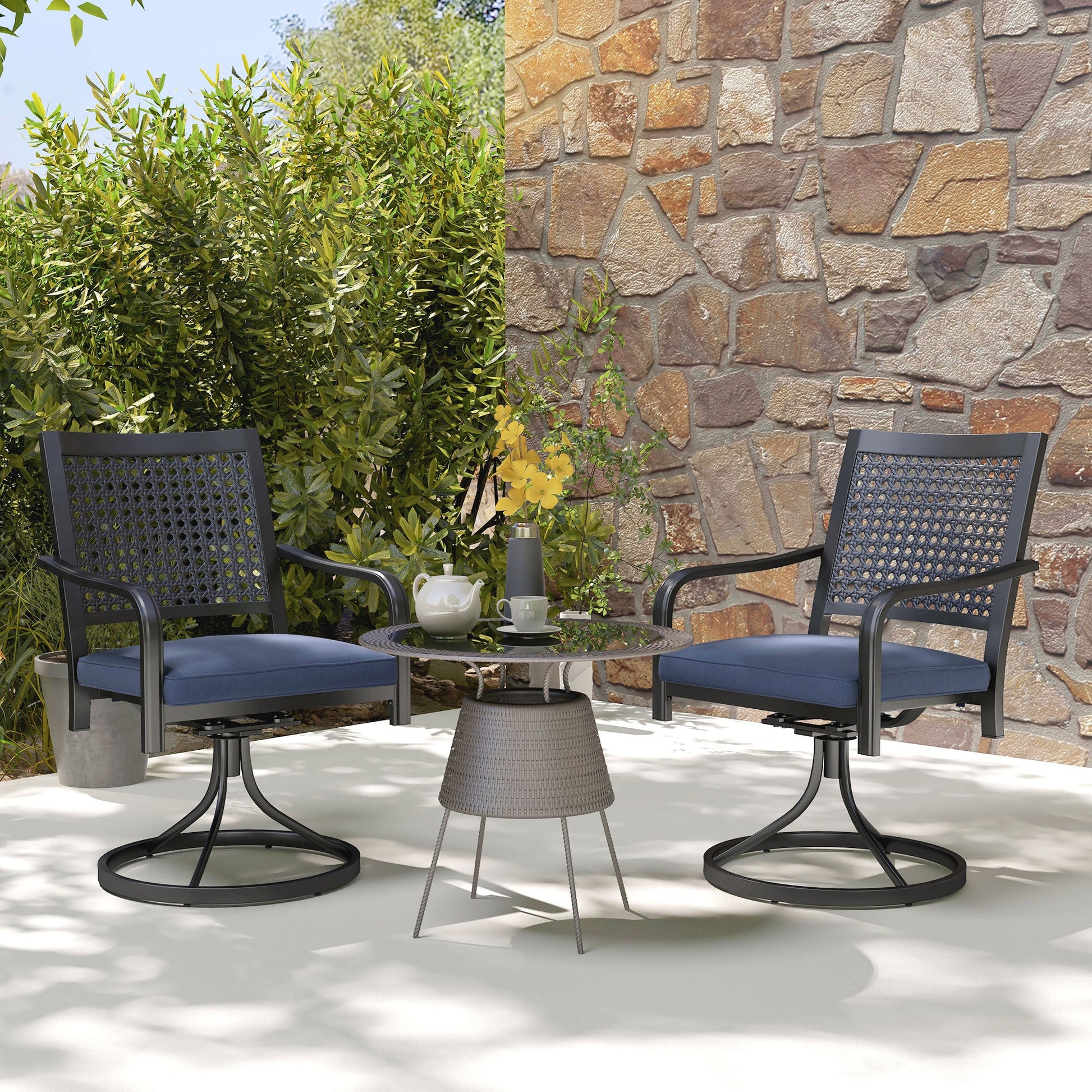 2 Pieces Patio Swivel Chairs with Cushion, Outdoor Swivel Rocker with Curved Armrests, Backrest for Garden, Balcony, Porch, Navy Blue