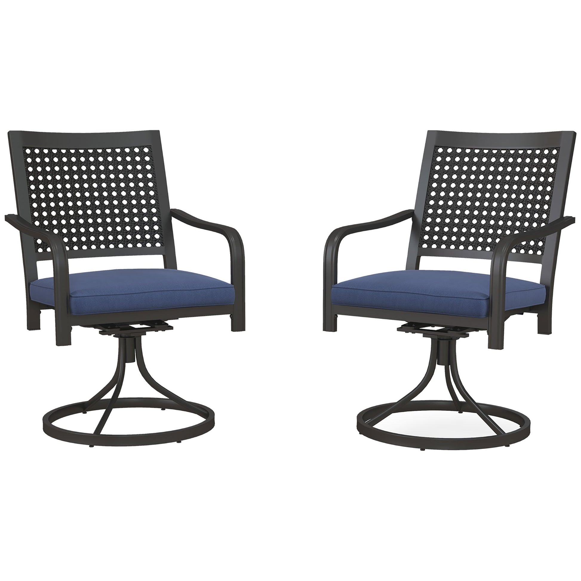 2 Pieces Patio Swivel Chairs with Cushion, Outdoor Swivel Rocker with Curved Armrests, Backrest for Garden, Balcony, Porch, Navy Blue