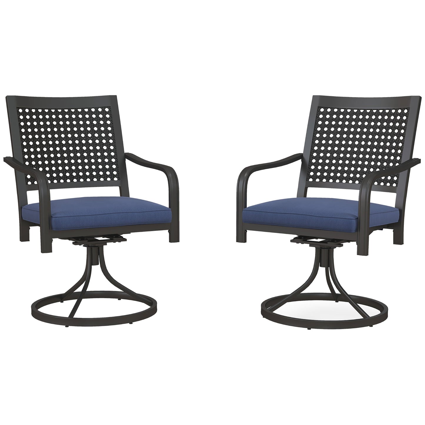 2 Pieces Patio Swivel Chairs with Cushion, Outdoor Swivel Rocker with Curved Armrests, Backrest for Garden, Balcony, Porch, Navy Blue