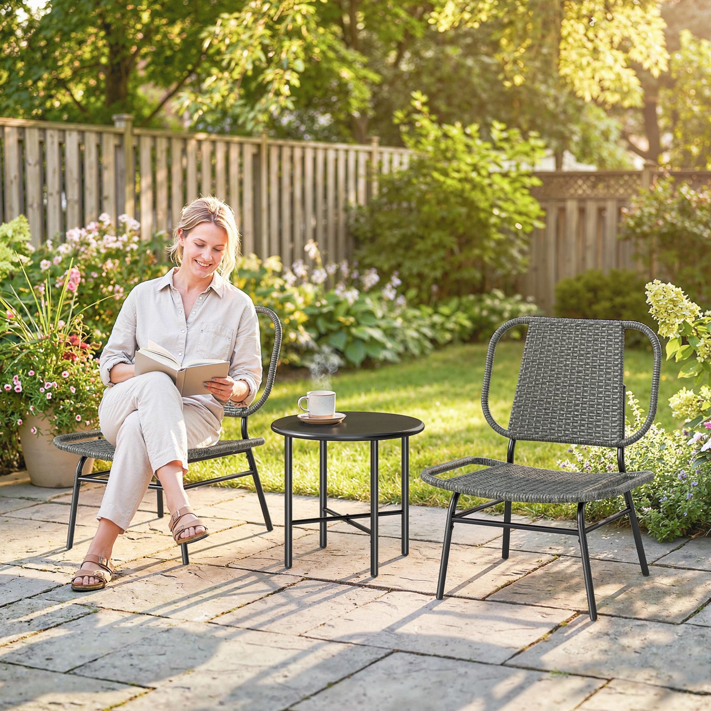 3 Piece Wicker Patio Furniture Set, Outdoor Bistro Set with 2 Armless Chairs, Steel Table, Rattan Outdoor Conversation Furniture for Porch Balcony, Grey