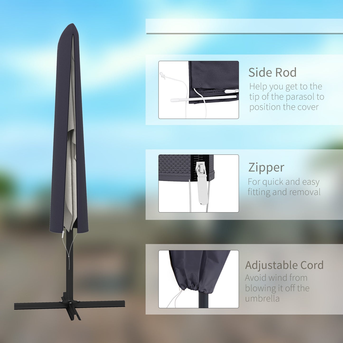 Patio Umbrella Cover, Outdoor Garden Parasol Cover with Zipper for 6.6-13FT Parasol, Dark Grey