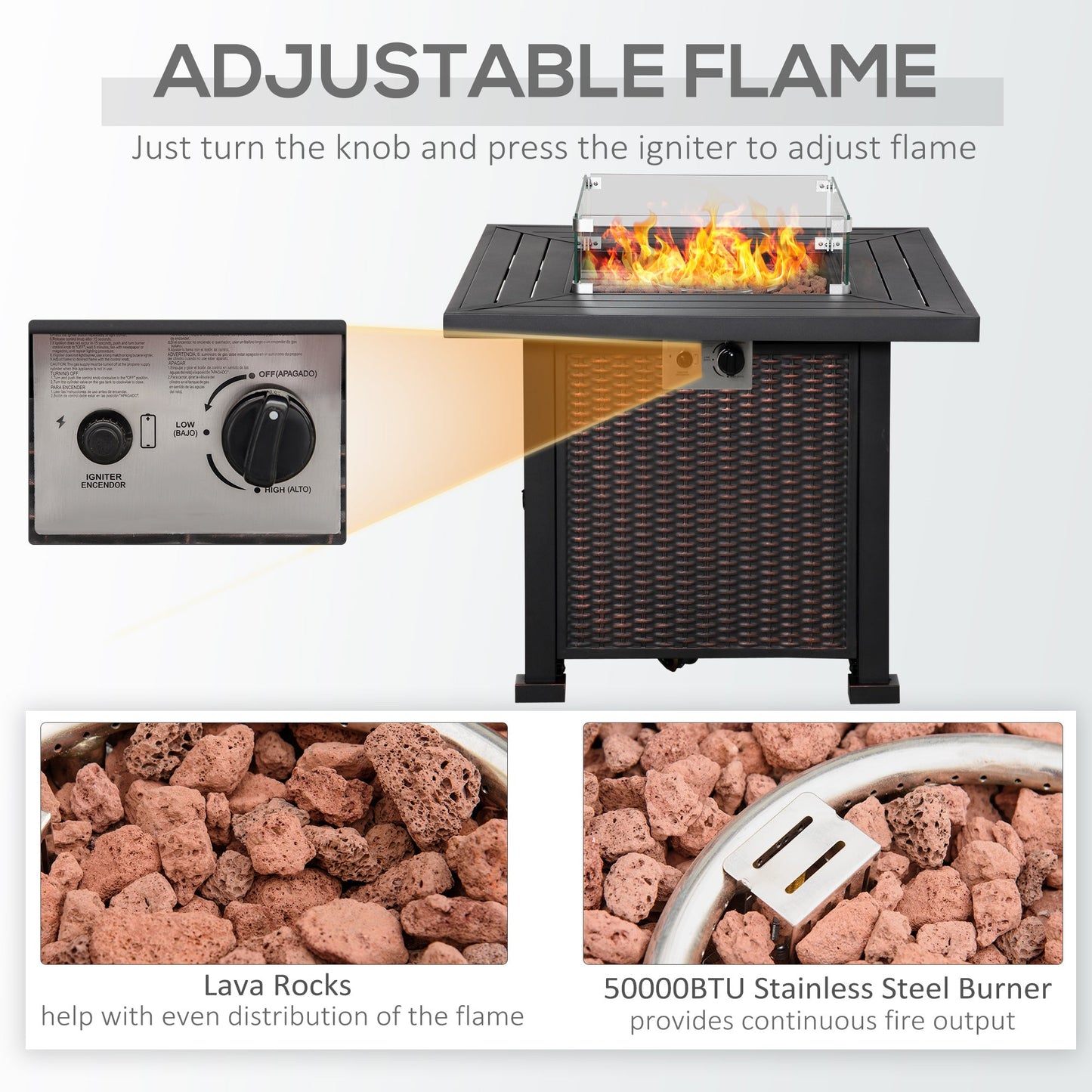 32" Outdoor Propane Gas Fire Pit Table, 50,000 BTU Auto-Ignition Square Wicker-effect Gas Firepit Table with Glass Wind Guard, Lid, Lava Rocks, CSA Certified, Black