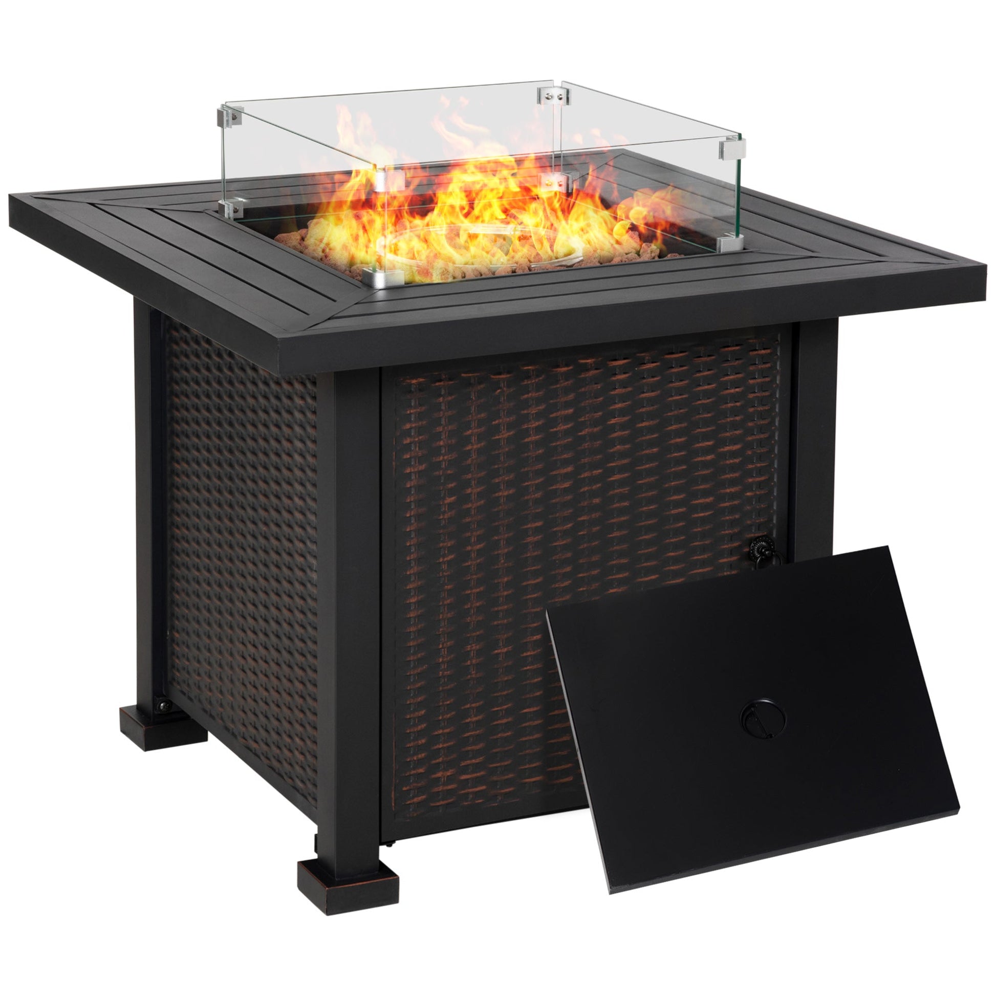 32" Outdoor Propane Gas Fire Pit Table, 50,000 BTU Auto-Ignition Square Wicker-effect Gas Firepit Table with Glass Wind Guard, Lid, Lava Rocks, CSA Certified, Black