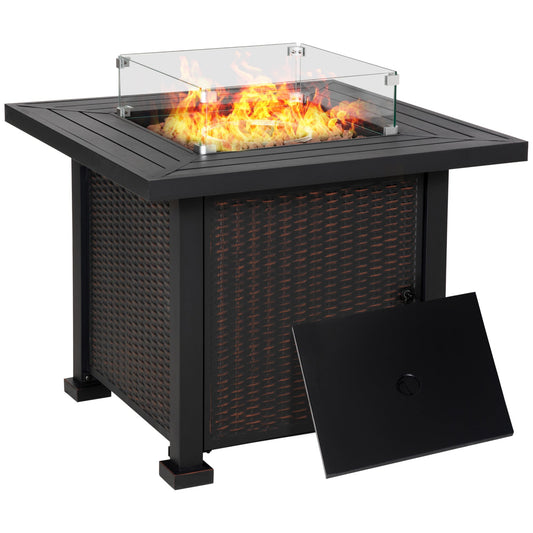 32" Outdoor Propane Gas Fire Pit Table, 50,000 BTU Auto-Ignition Square Wicker-effect Gas Firepit Table with Glass Wind Guard, Lid, Lava Rocks, CSA Certified, Black