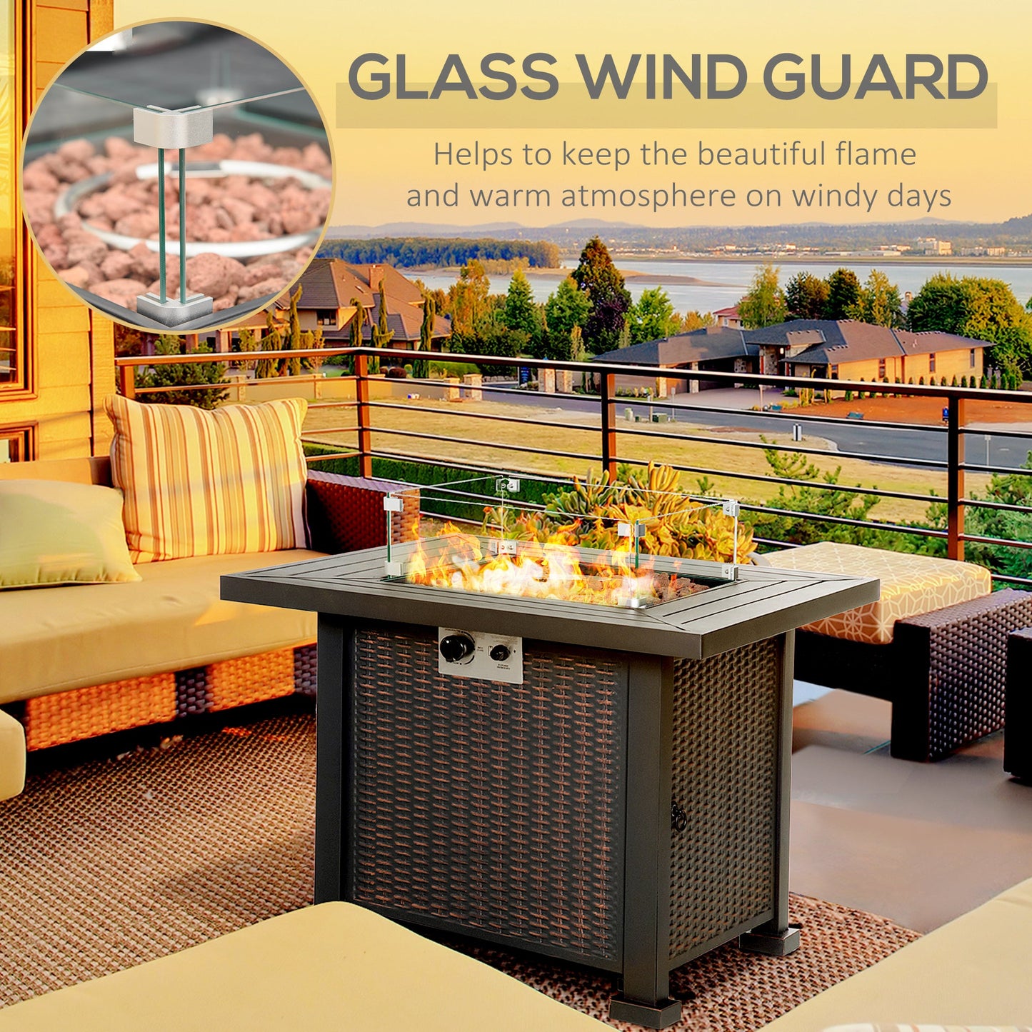 32" Outdoor Propane Gas Fire Pit Table, 50,000 BTU Auto-Ignition Square Wicker-effect Gas Firepit Table with Glass Wind Guard, Lid, Lava Rocks, CSA Certified, Black