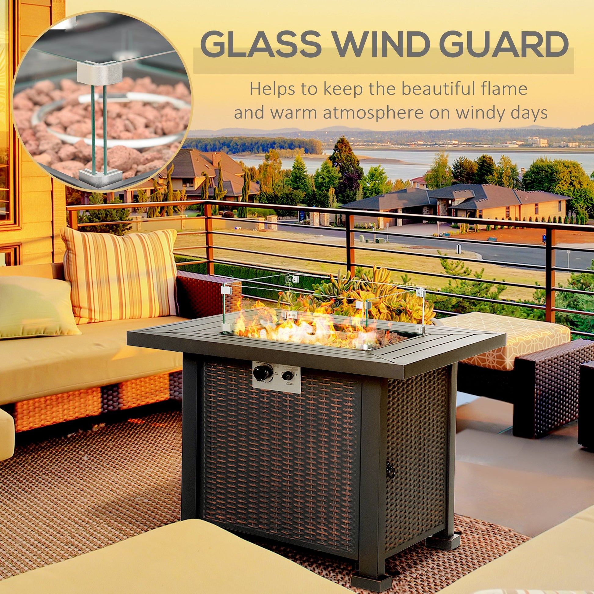 32" Outdoor Propane Gas Fire Pit Table, 50,000 BTU Auto-Ignition Square Wicker-effect Gas Firepit Table with Glass Wind Guard, Lid, Lava Rocks, CSA Certified, Black