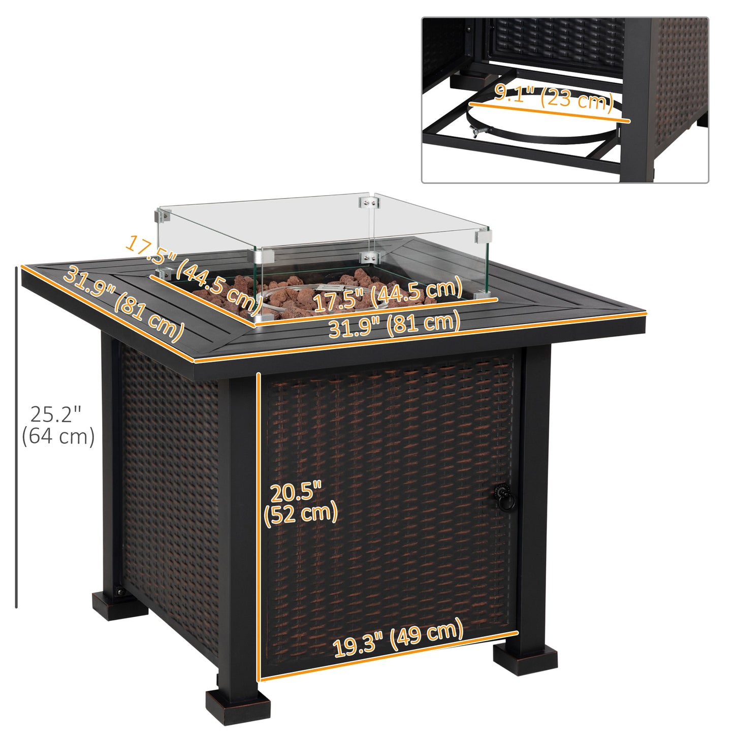 32" Outdoor Propane Gas Fire Pit Table, 50,000 BTU Auto-Ignition Square Wicker-effect Gas Firepit Table with Glass Wind Guard, Lid, Lava Rocks, CSA Certified, Black