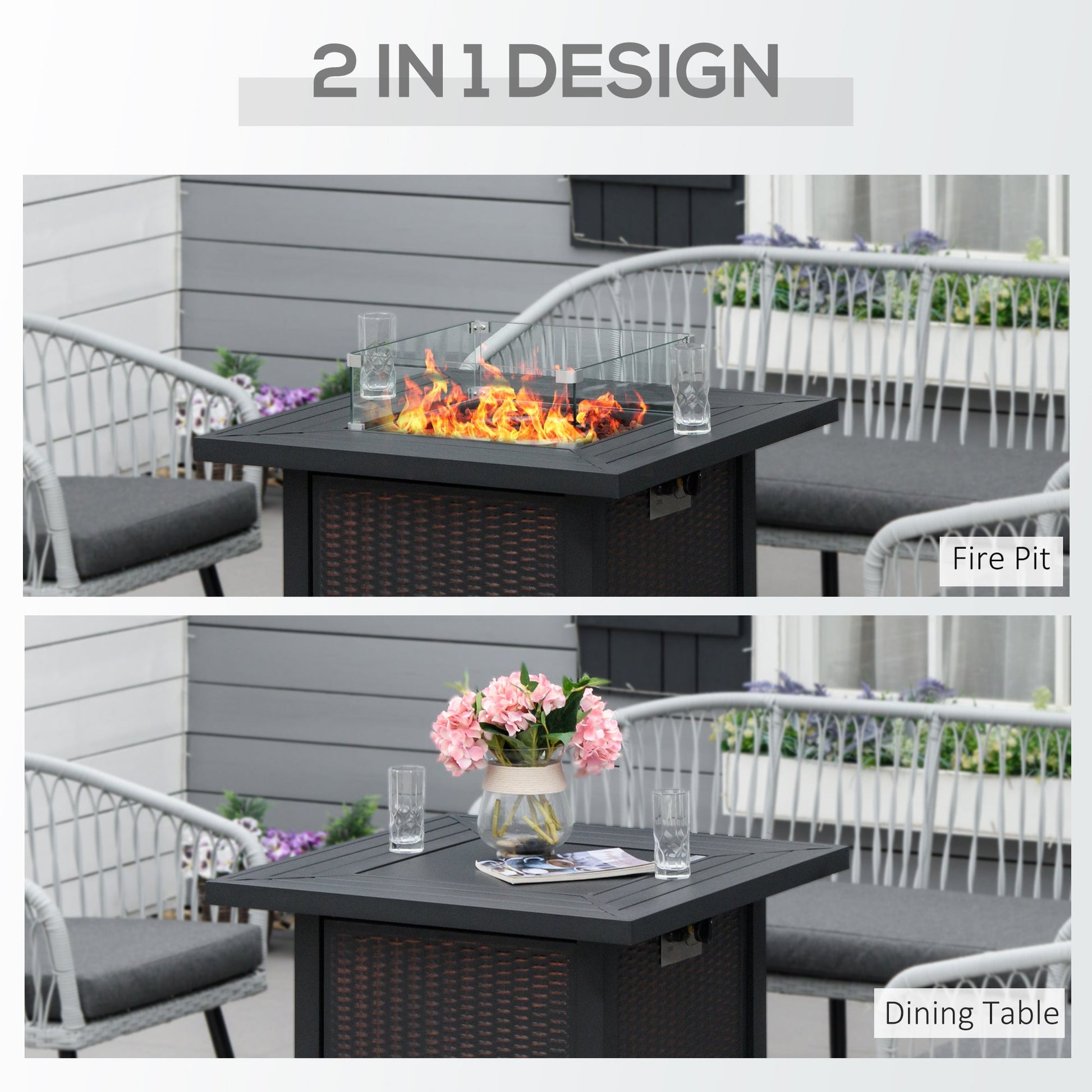 32" Outdoor Propane Gas Fire Pit Table, 50,000 BTU Auto-Ignition Square Wicker-effect Gas Firepit Table with Glass Wind Guard, Lid, Lava Rocks, CSA Certified, Black