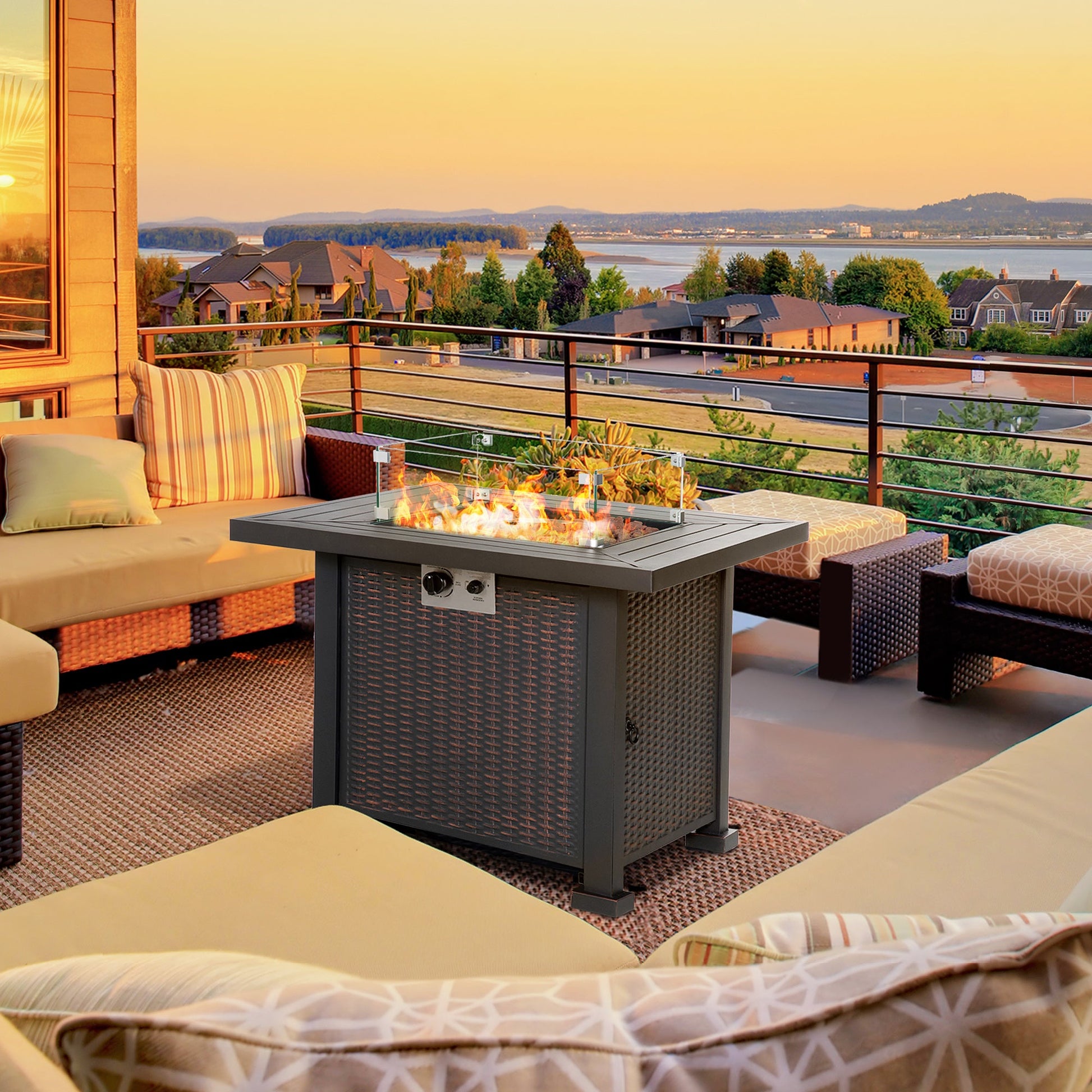 32" Outdoor Propane Gas Fire Pit Table, 50,000 BTU Auto-Ignition Square Wicker-effect Gas Firepit Table with Glass Wind Guard, Lid, Lava Rocks, CSA Certified, Black