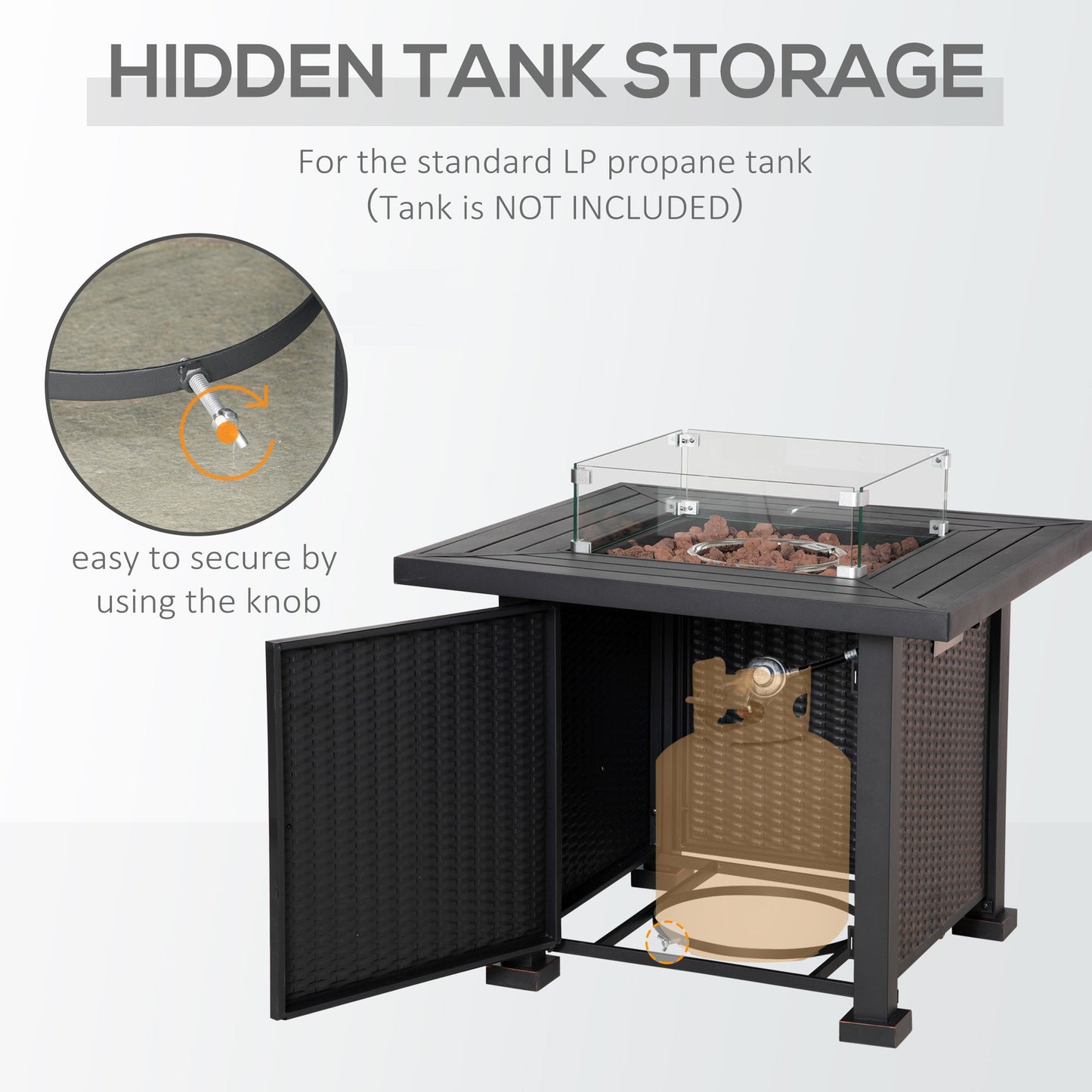 32" Outdoor Propane Gas Fire Pit Table, 50,000 BTU Auto-Ignition Square Wicker-effect Gas Firepit Table with Glass Wind Guard, Lid, Lava Rocks, CSA Certified, Black