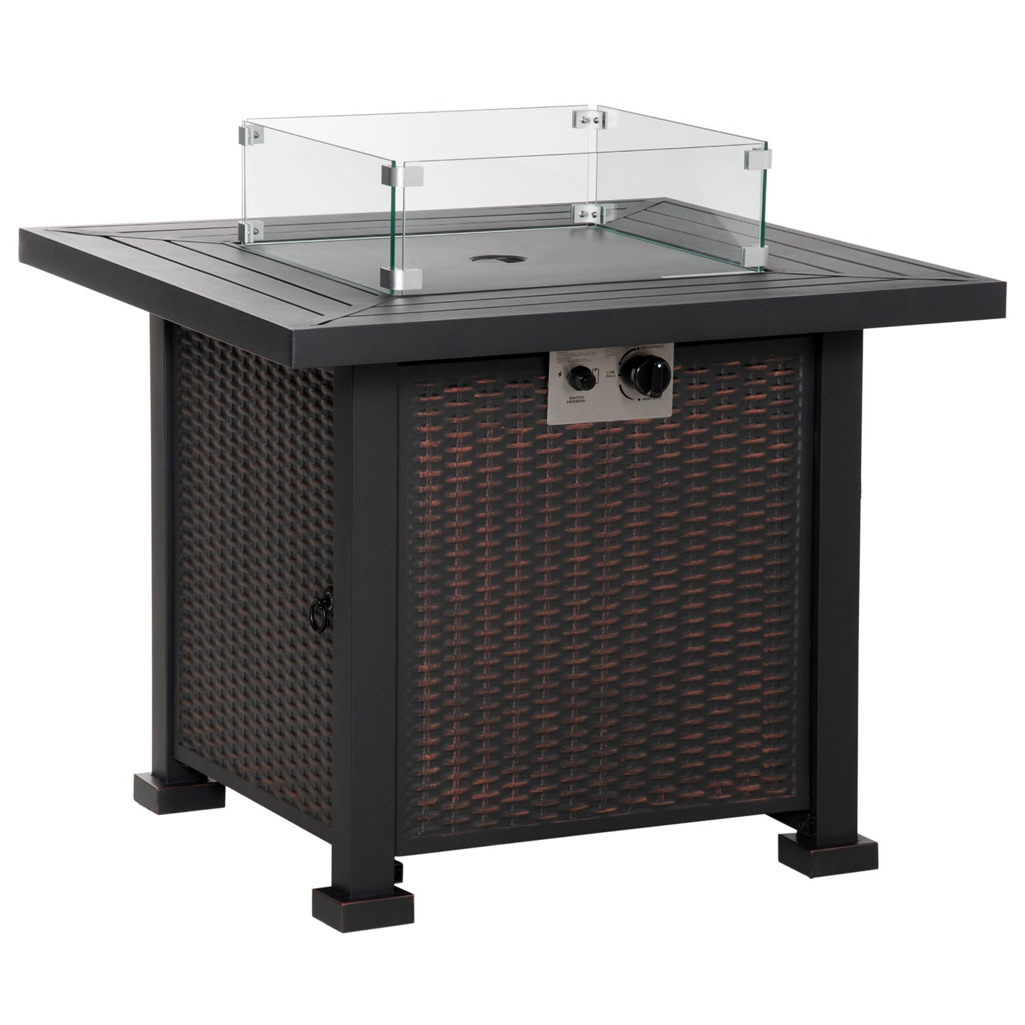 32" Outdoor Propane Gas Fire Pit Table, 50,000 BTU Auto-Ignition Square Wicker-effect Gas Firepit Table with Glass Wind Guard, Lid, Lava Rocks, CSA Certified, Black
