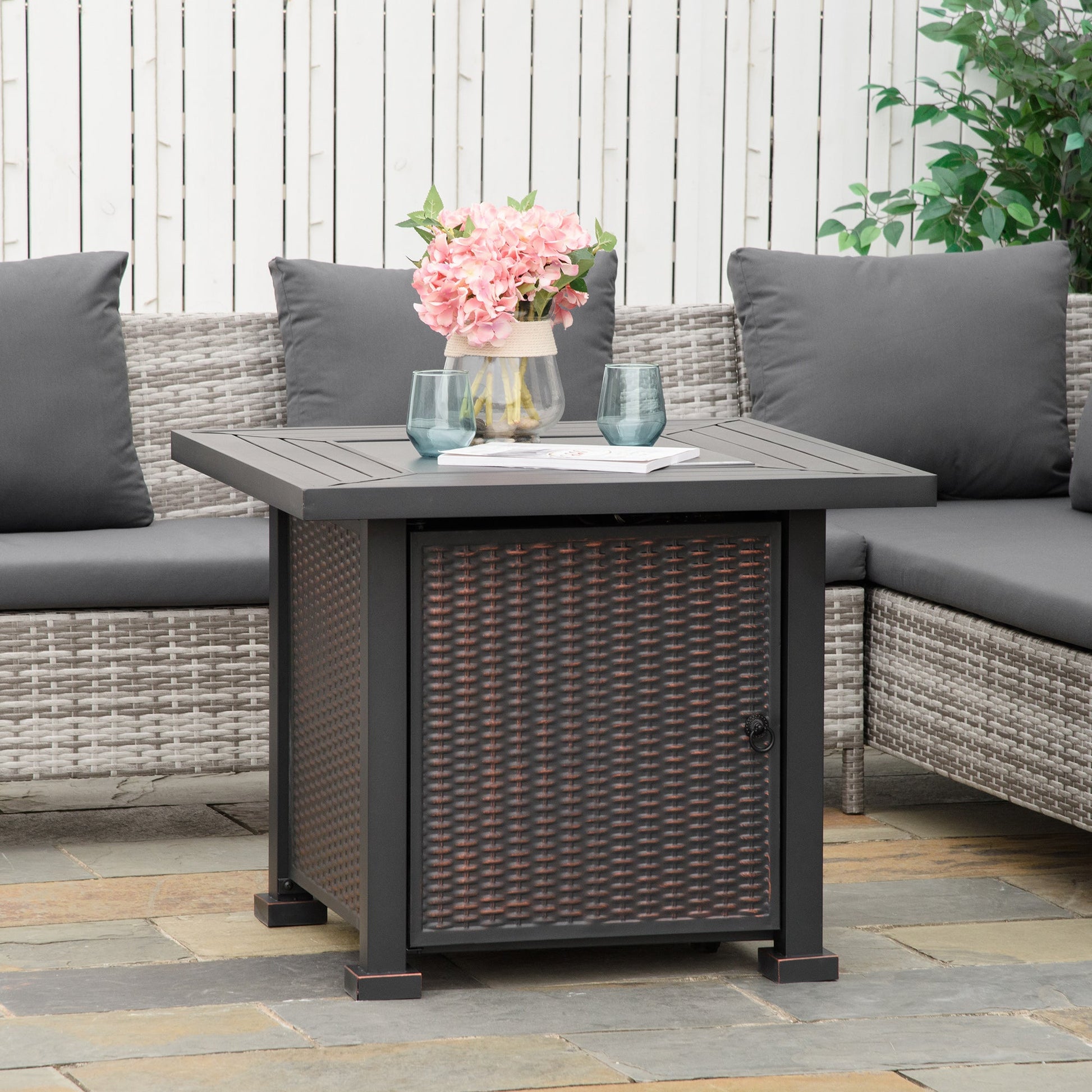 32" Outdoor Propane Gas Fire Pit Table, 50,000 BTU Auto-Ignition Square Wicker-effect Gas Firepit Table with Glass Wind Guard, Lid, Lava Rocks, CSA Certified, Black