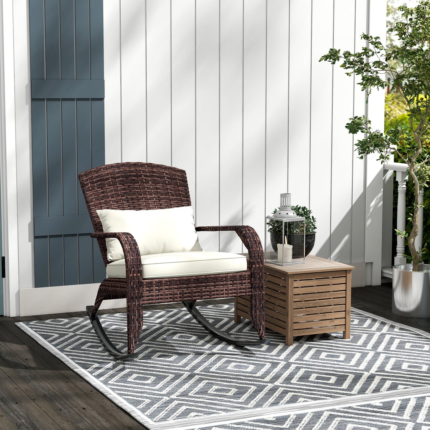 Outdoor Wicker Adirondack Rocking Chair, Patio Rattan Rocker Chair with High Back, Seat Cushion and Pillow for Garden, Porch, Balcony, Cream White/Brown