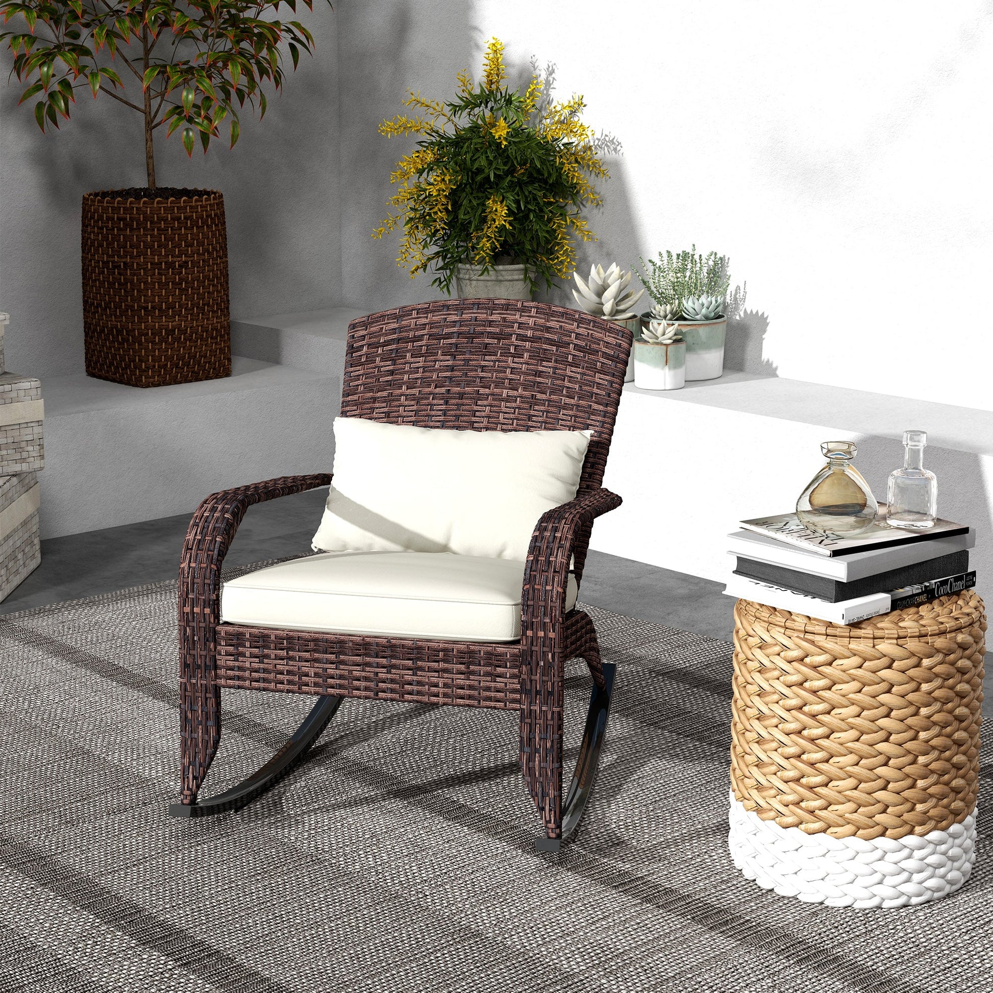 Outdoor Wicker Adirondack Rocking Chair, Patio Rattan Rocker Chair with High Back, Seat Cushion and Pillow for Garden, Porch, Balcony, Cream White/Brown