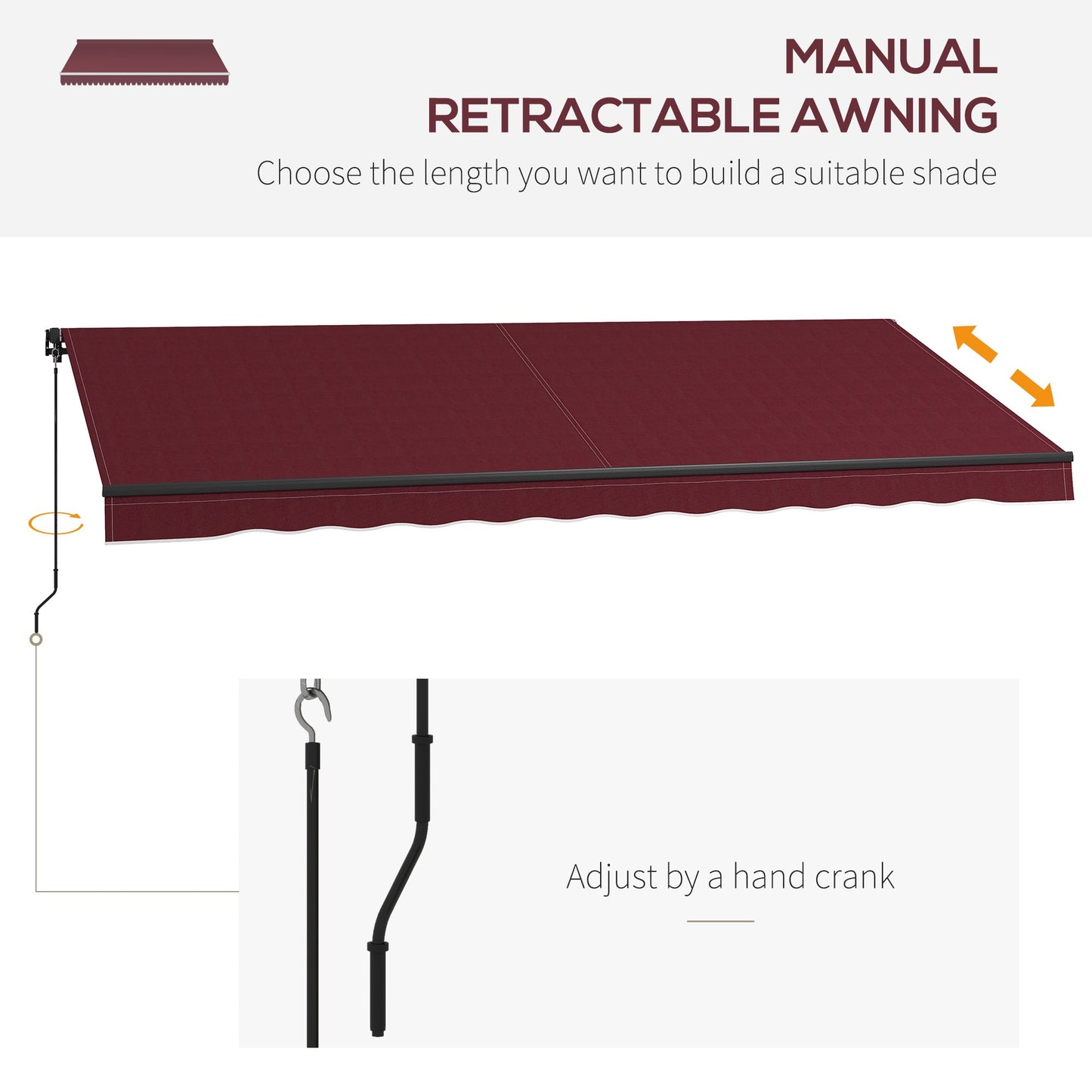  15' x 10' Retractable Awning, Patio Awning Sunshade Shelter with Manual Crank Handle, 280gsm UV Resistant Fabric and Aluminum Frame, for Balcony, Yard, Wine Red