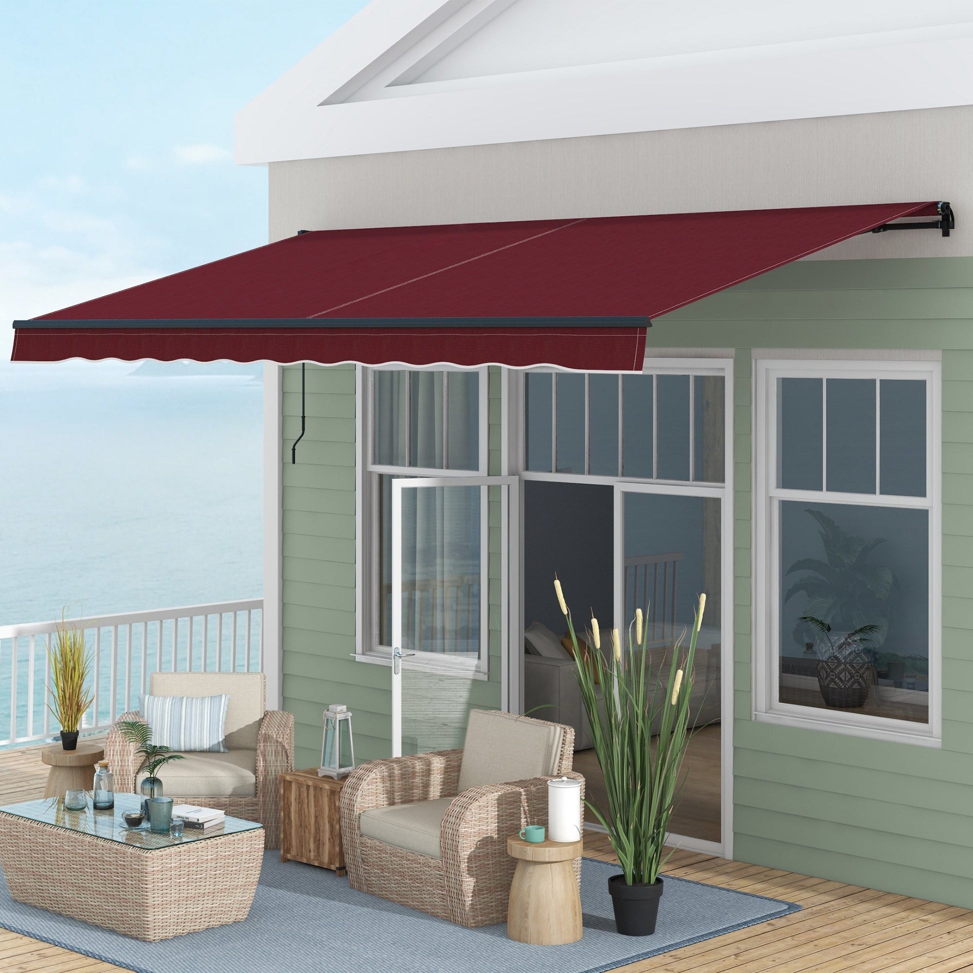  15' x 10' Retractable Awning, Patio Awning Sunshade Shelter with Manual Crank Handle, 280gsm UV Resistant Fabric and Aluminum Frame, for Balcony, Yard, Wine Red