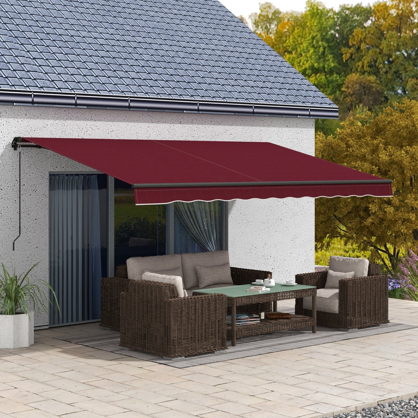  15' x 10' Retractable Awning, Patio Awning Sunshade Shelter with Manual Crank Handle, 280gsm UV Resistant Fabric and Aluminum Frame, for Balcony, Yard, Wine Red