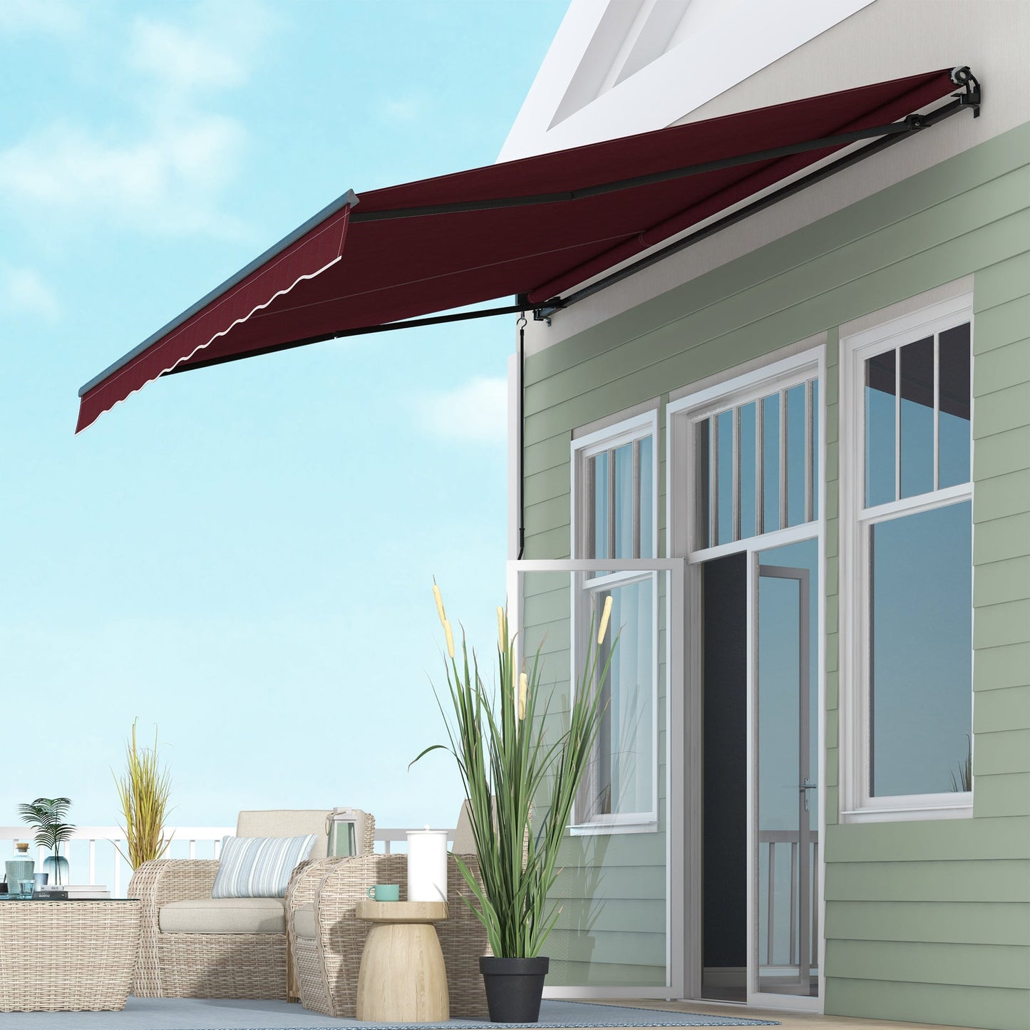  15' x 10' Retractable Awning, Patio Awning Sunshade Shelter with Manual Crank Handle, 280gsm UV Resistant Fabric and Aluminum Frame, for Balcony, Yard, Wine Red
