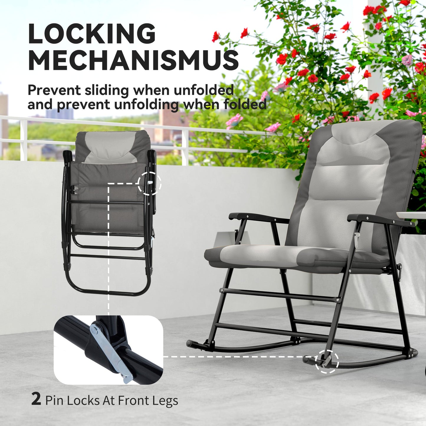 2pc Patio Foldable Rocking Chair Set w/ Soft Padded Seat, Backrest, and Headrest for park, backyard, garden, Light Grey