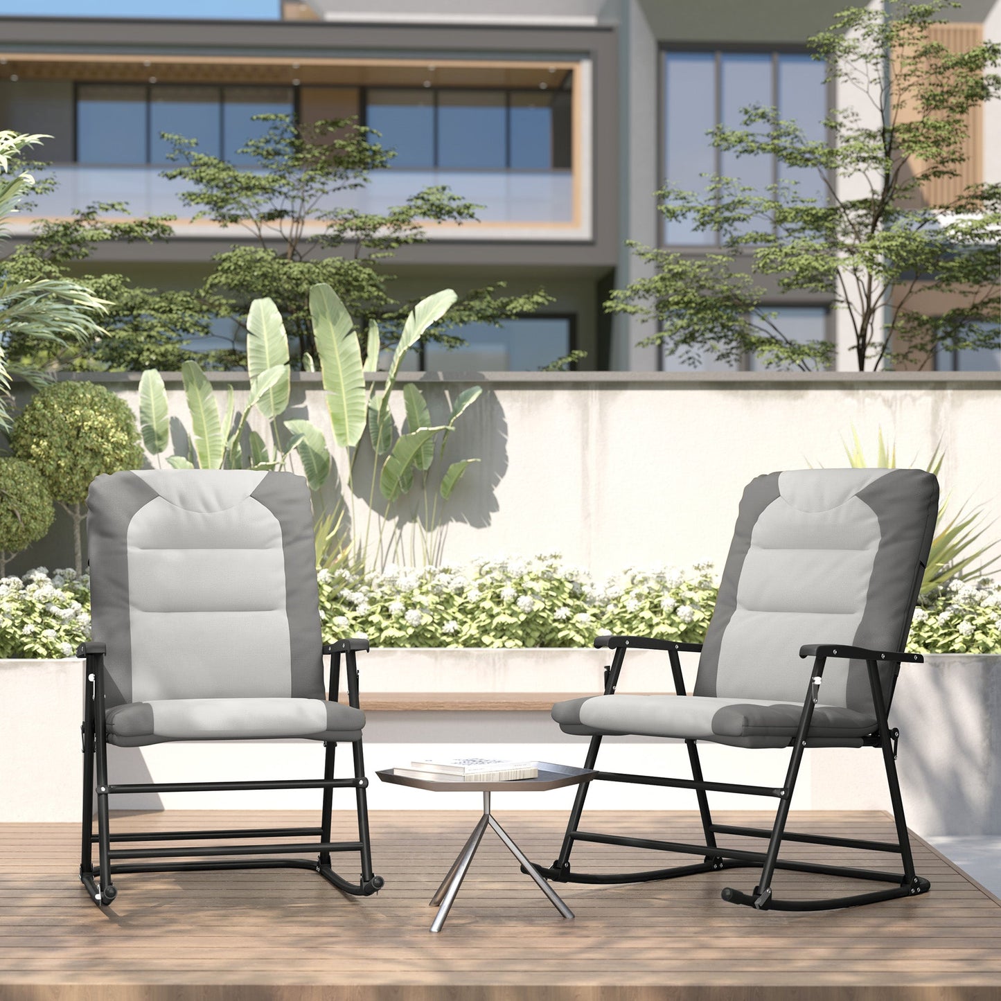 2pc Patio Foldable Rocking Chair Set w/ Soft Padded Seat, Backrest, and Headrest for park, backyard, garden, Light Grey