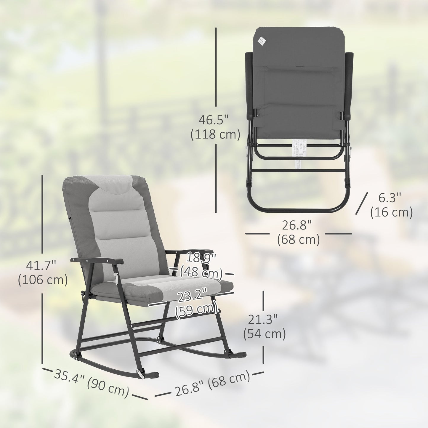 2pc Patio Foldable Rocking Chair Set w/ Soft Padded Seat, Backrest, and Headrest for park, backyard, garden, Light Grey