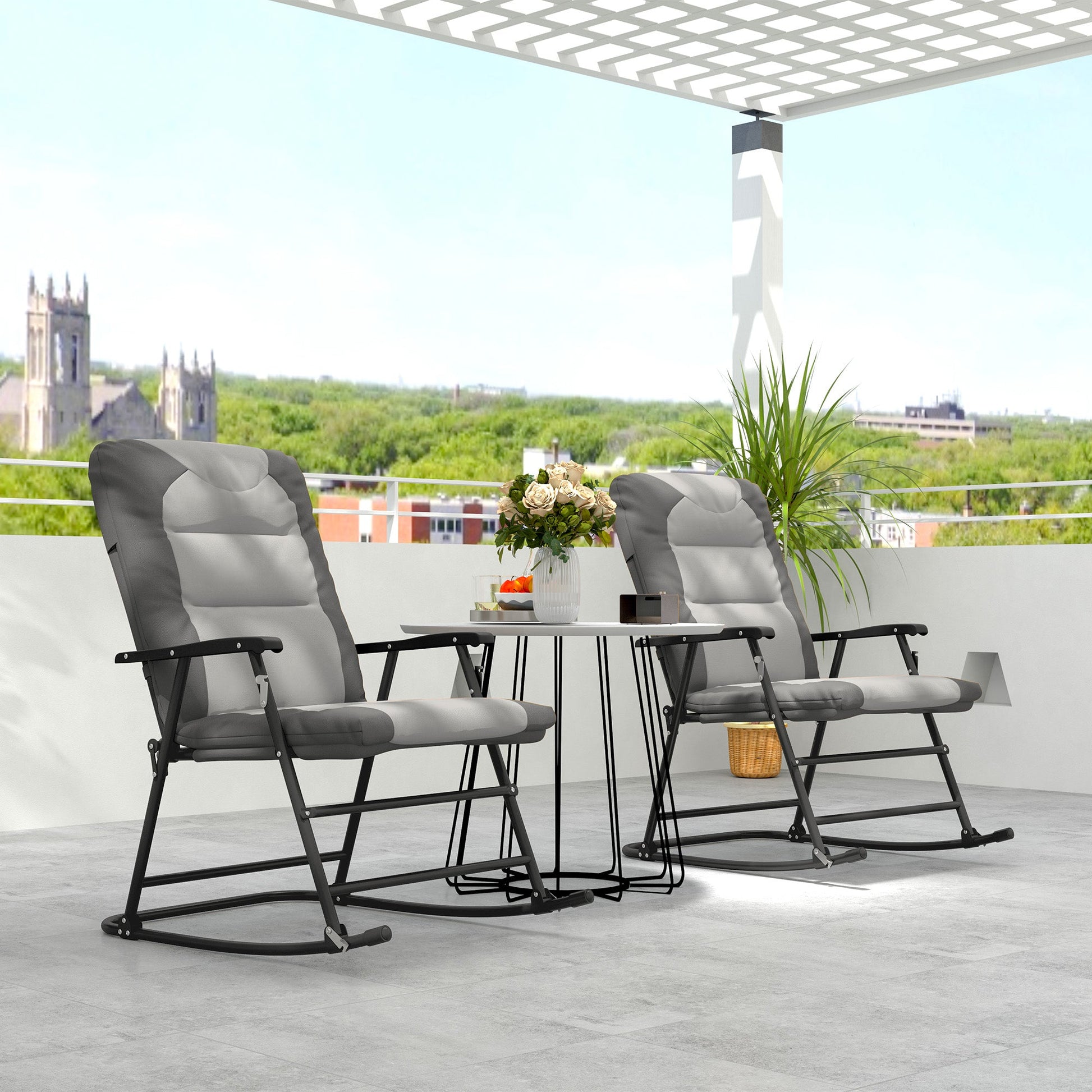 2pc Patio Foldable Rocking Chair Set w/ Soft Padded Seat, Backrest, and Headrest for park, backyard, garden, Light Grey