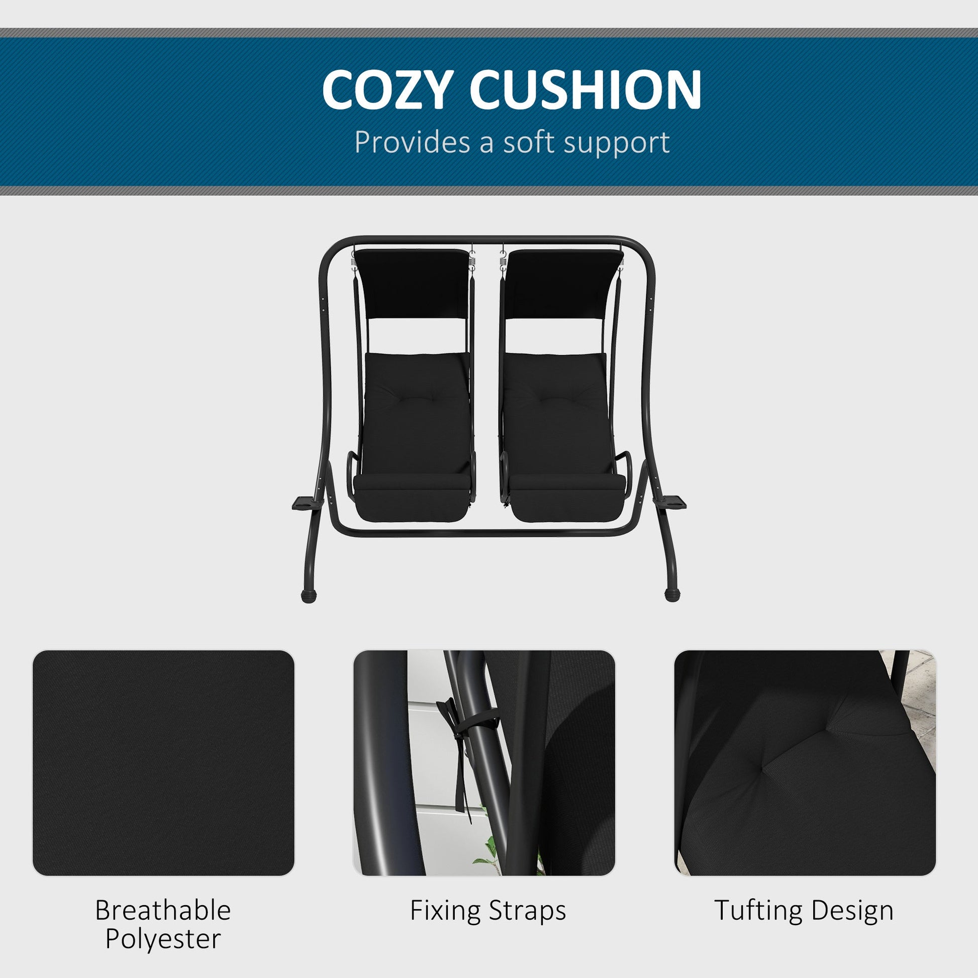 Luxury Patio Swing Metal Outdoor Porch Swing Chair 2 Separated Seater Hammock Heavy-Duty with Canopy and Cushions, Black