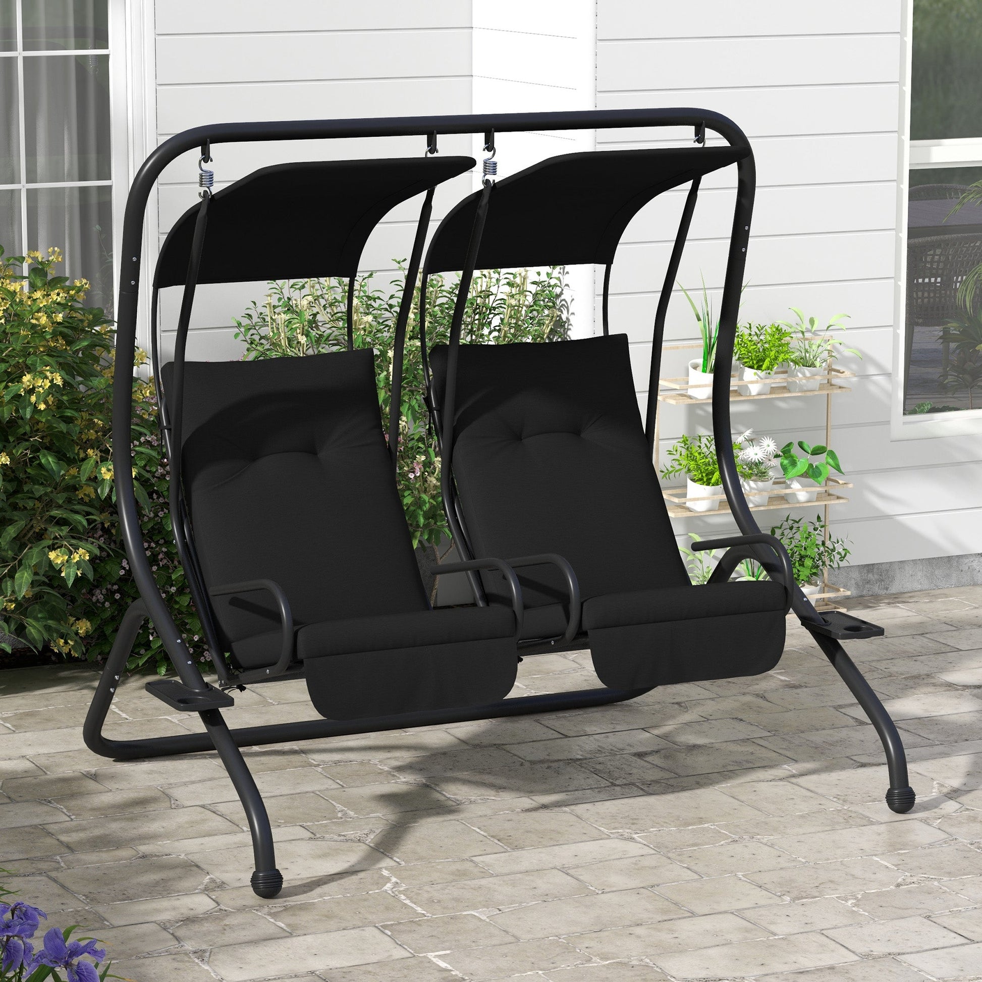 Luxury Patio Swing Metal Outdoor Porch Swing Chair 2 Separated Seater Hammock Heavy-Duty with Canopy and Cushions, Black