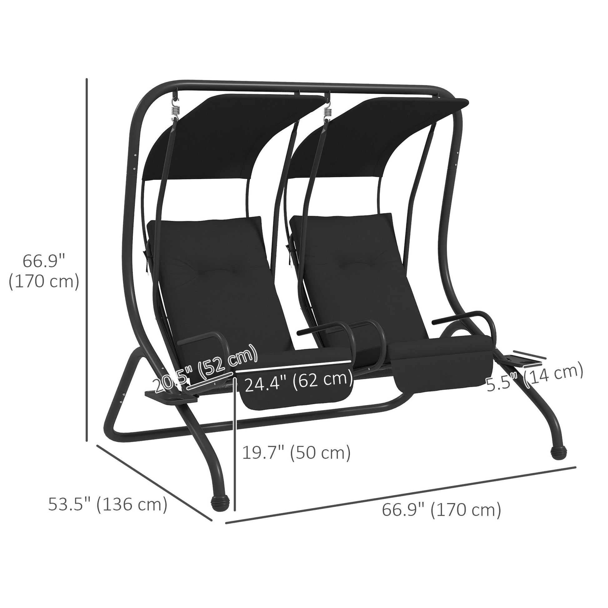 Luxury Patio Swing Metal Outdoor Porch Swing Chair 2 Separated Seater Hammock Heavy-Duty with Canopy and Cushions, Black