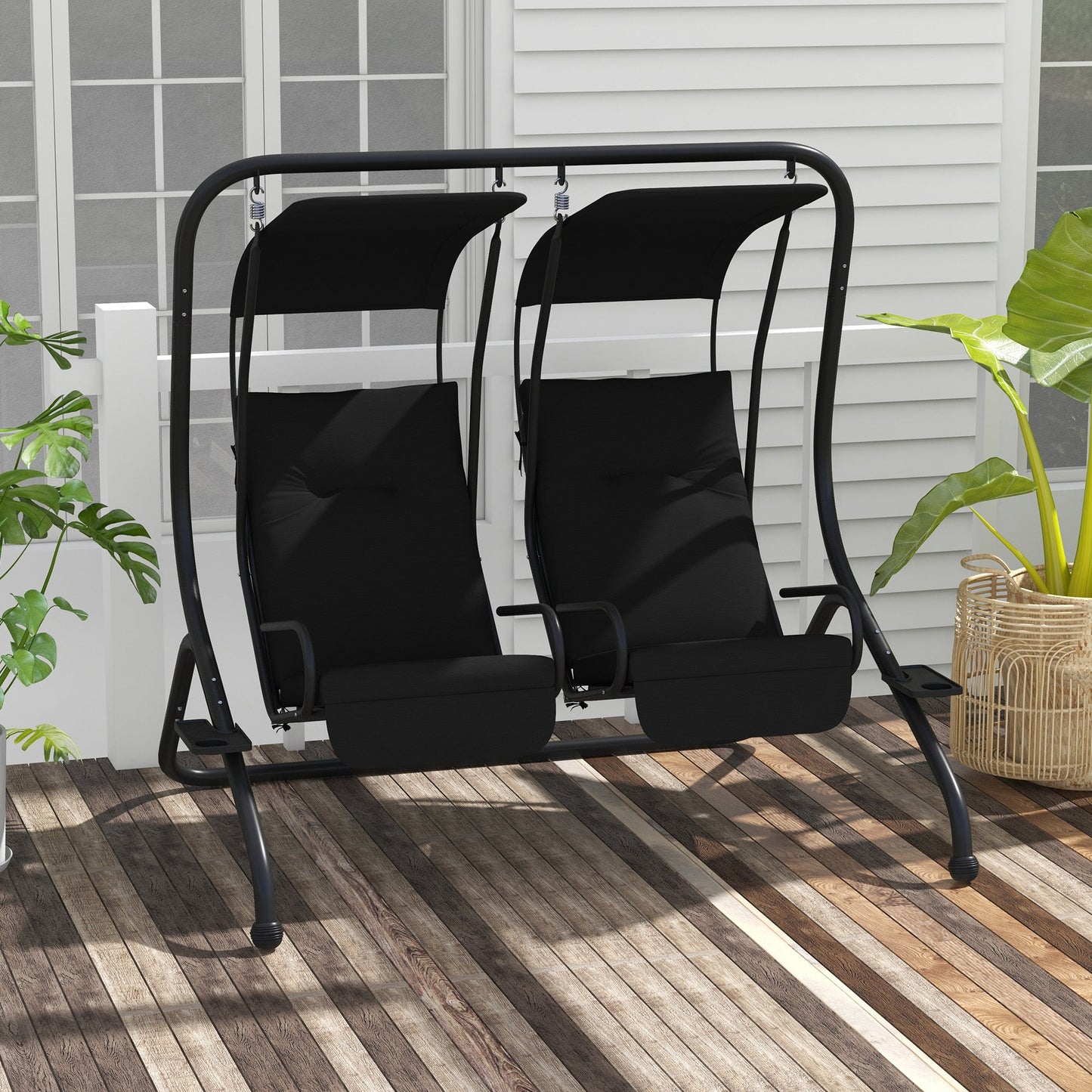 Luxury Patio Swing Metal Outdoor Porch Swing Chair 2 Separated Seater Hammock Heavy-Duty with Canopy and Cushions, Black