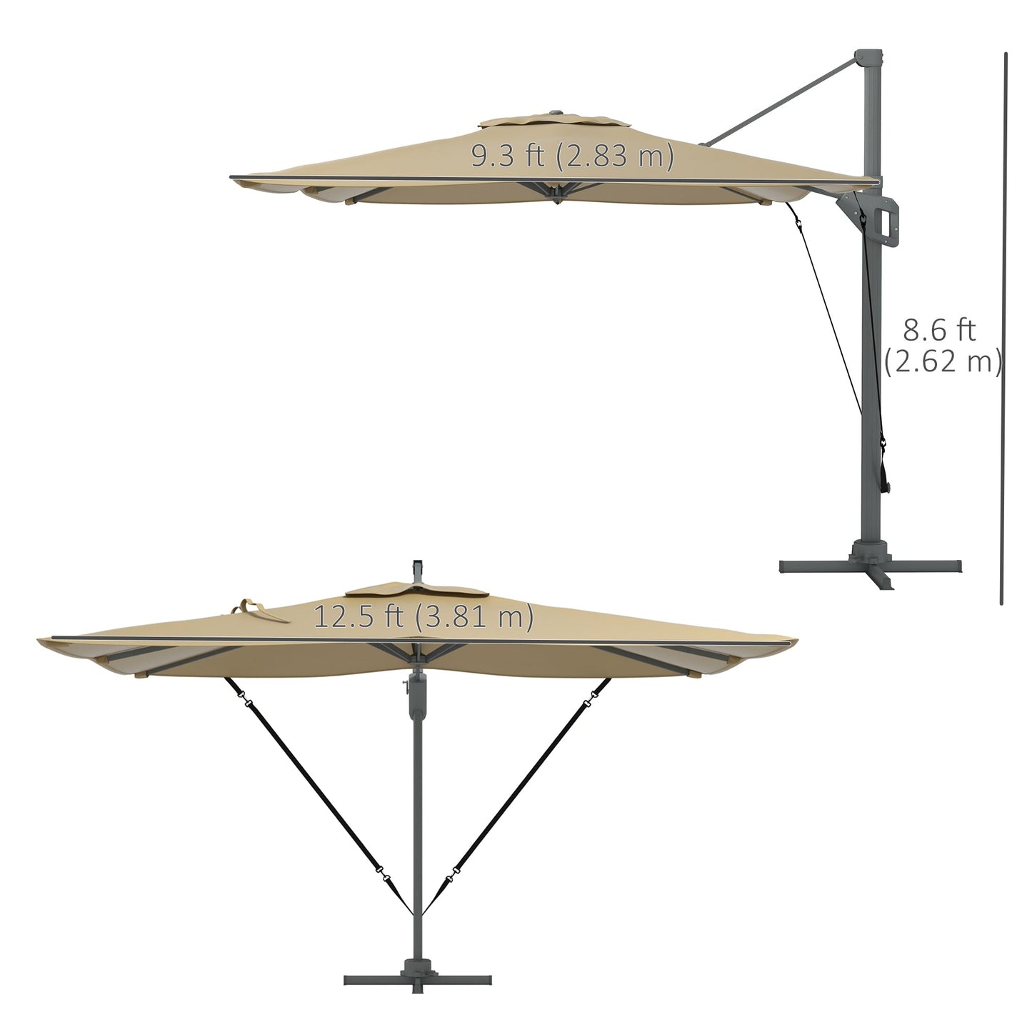 10' x 13' Cantilever Patio Umbrella with Windproof Straps, Aluminium Hanging Offset Umbrella with 4-Position Tilt, 360° Rotating Base, Vent, Outdoor Market Umbrella, Khaki