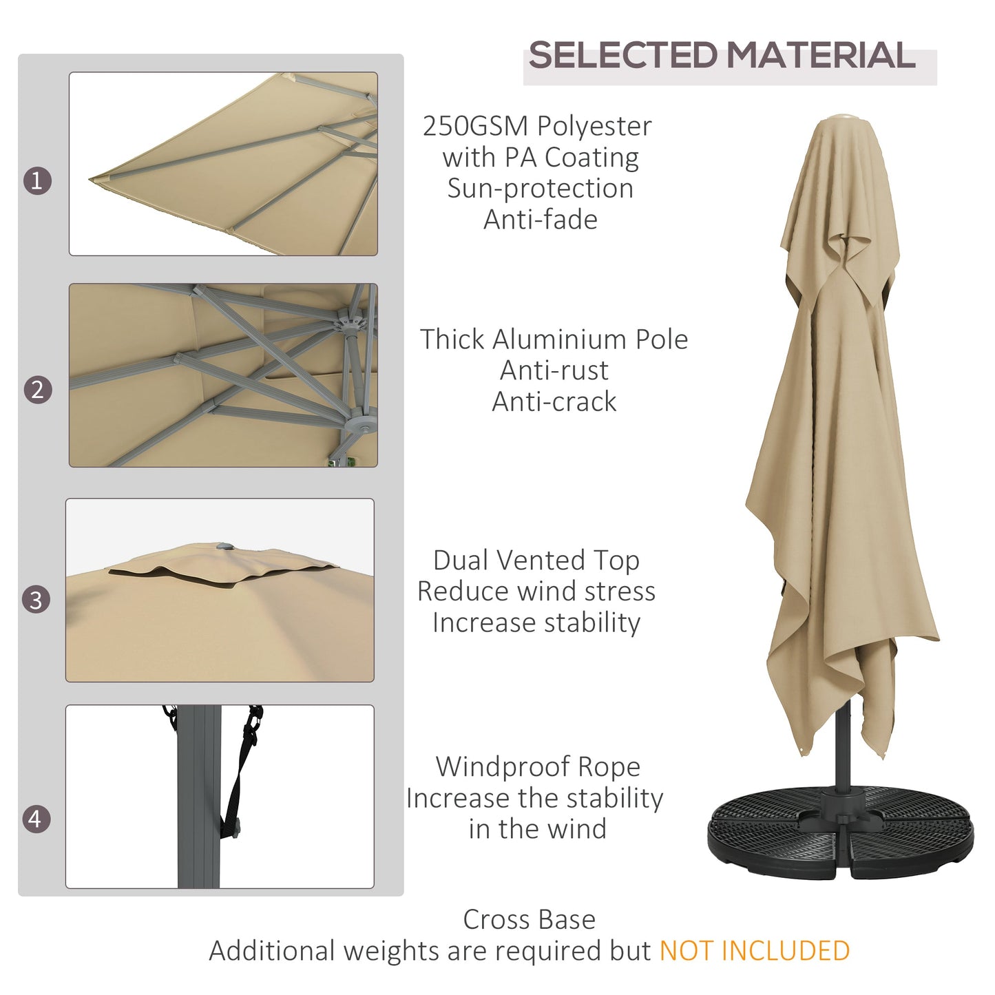 10' x 13' Cantilever Patio Umbrella with Windproof Straps, Aluminium Hanging Offset Umbrella with 4-Position Tilt, 360° Rotating Base, Vent, Outdoor Market Umbrella, Khaki