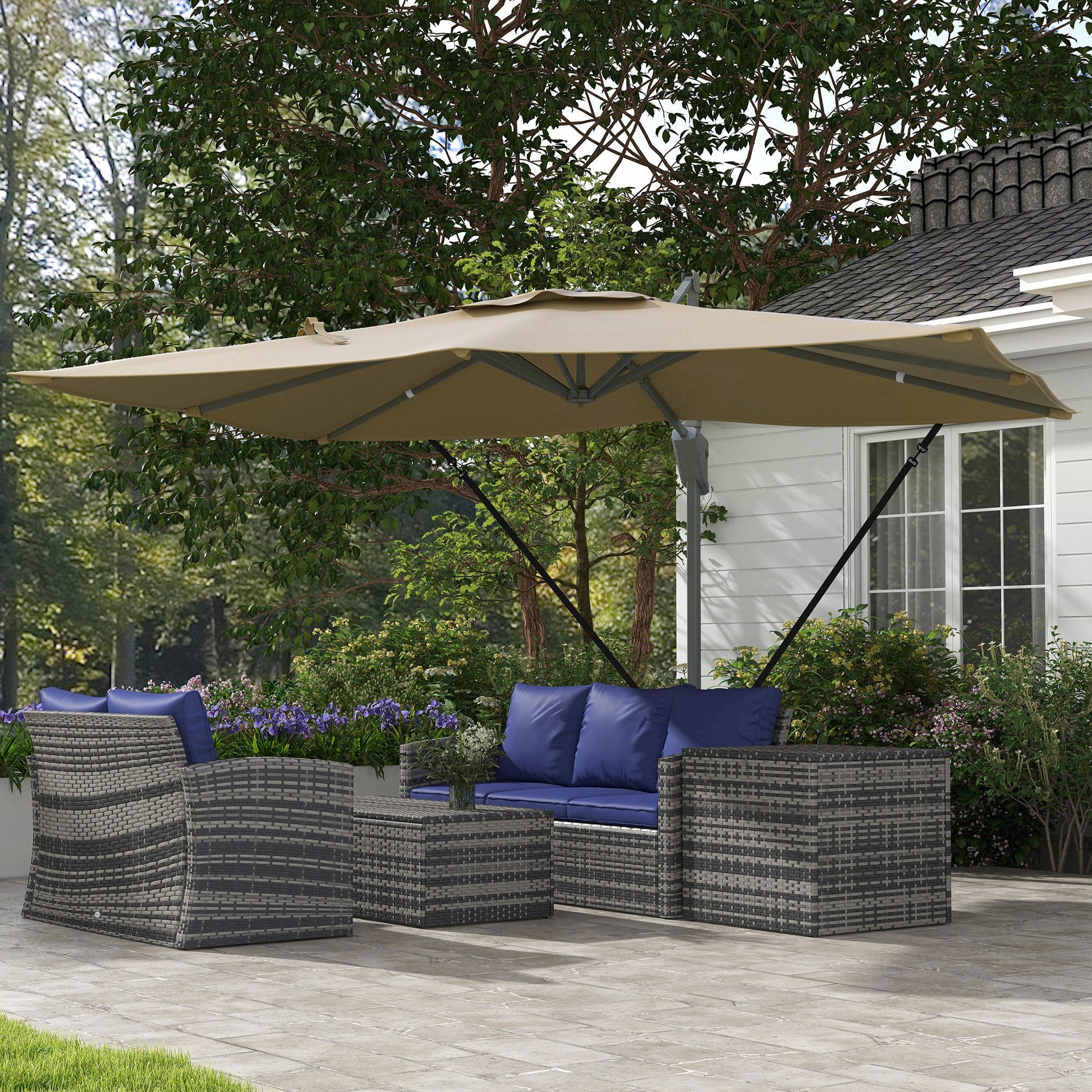 10' x 13' Cantilever Patio Umbrella with Windproof Straps, Aluminium Hanging Offset Umbrella with 4-Position Tilt, 360° Rotating Base, Vent, Outdoor Market Umbrella, Khaki