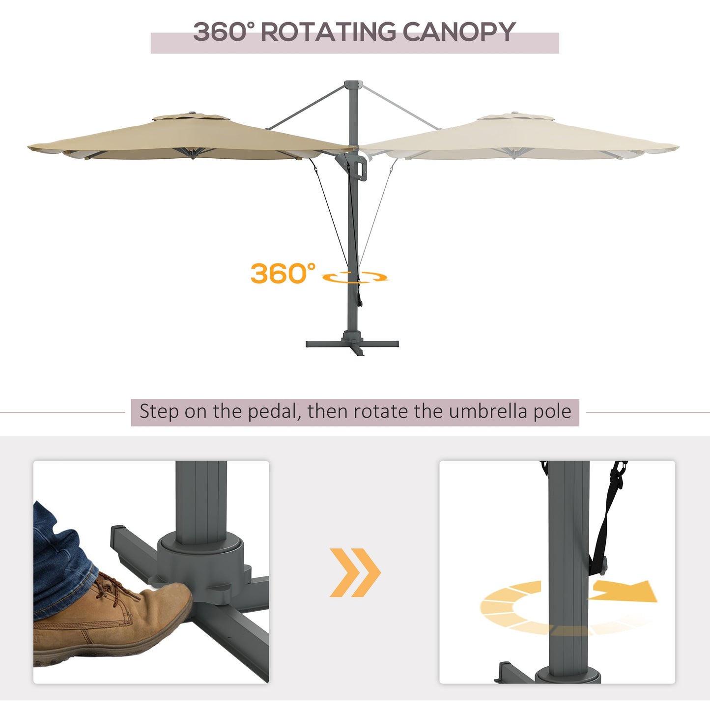 10' x 13' Cantilever Patio Umbrella with Windproof Straps, Aluminium Hanging Offset Umbrella with 4-Position Tilt, 360° Rotating Base, Vent, Outdoor Market Umbrella, Khaki