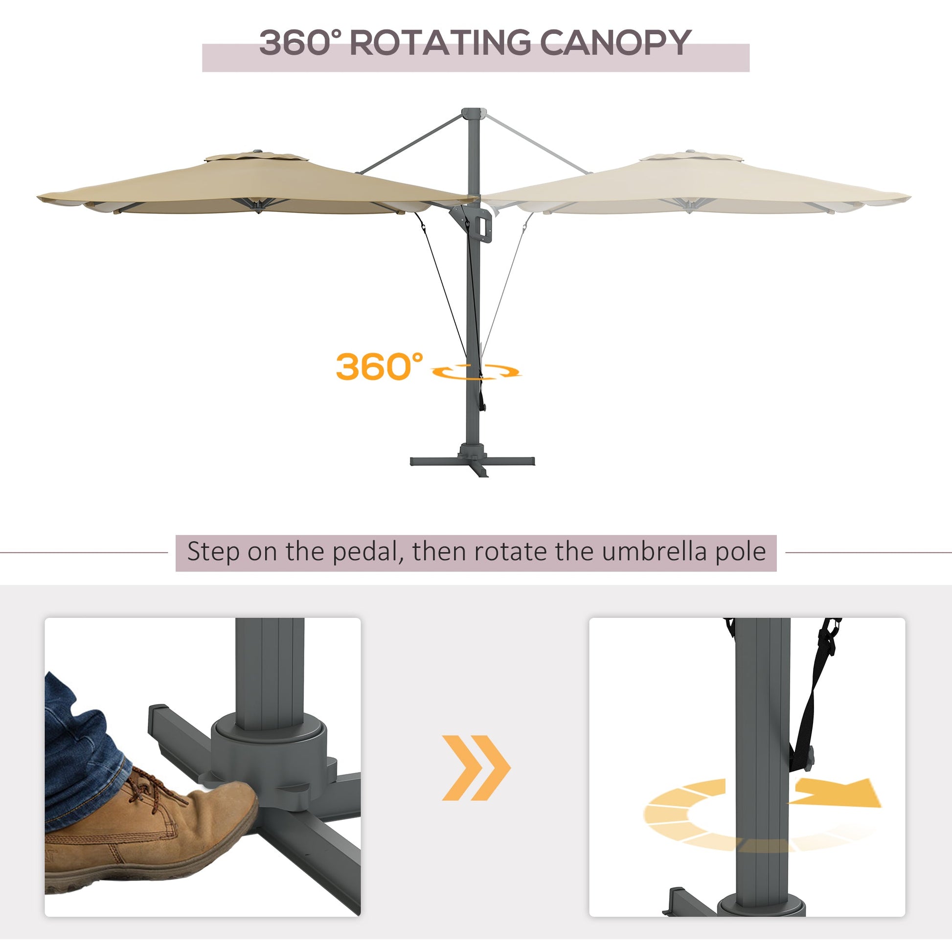 10' x 13' Cantilever Patio Umbrella with Windproof Straps, Aluminium Hanging Offset Umbrella with 4-Position Tilt, 360° Rotating Base, Vent, Outdoor Market Umbrella, Khaki