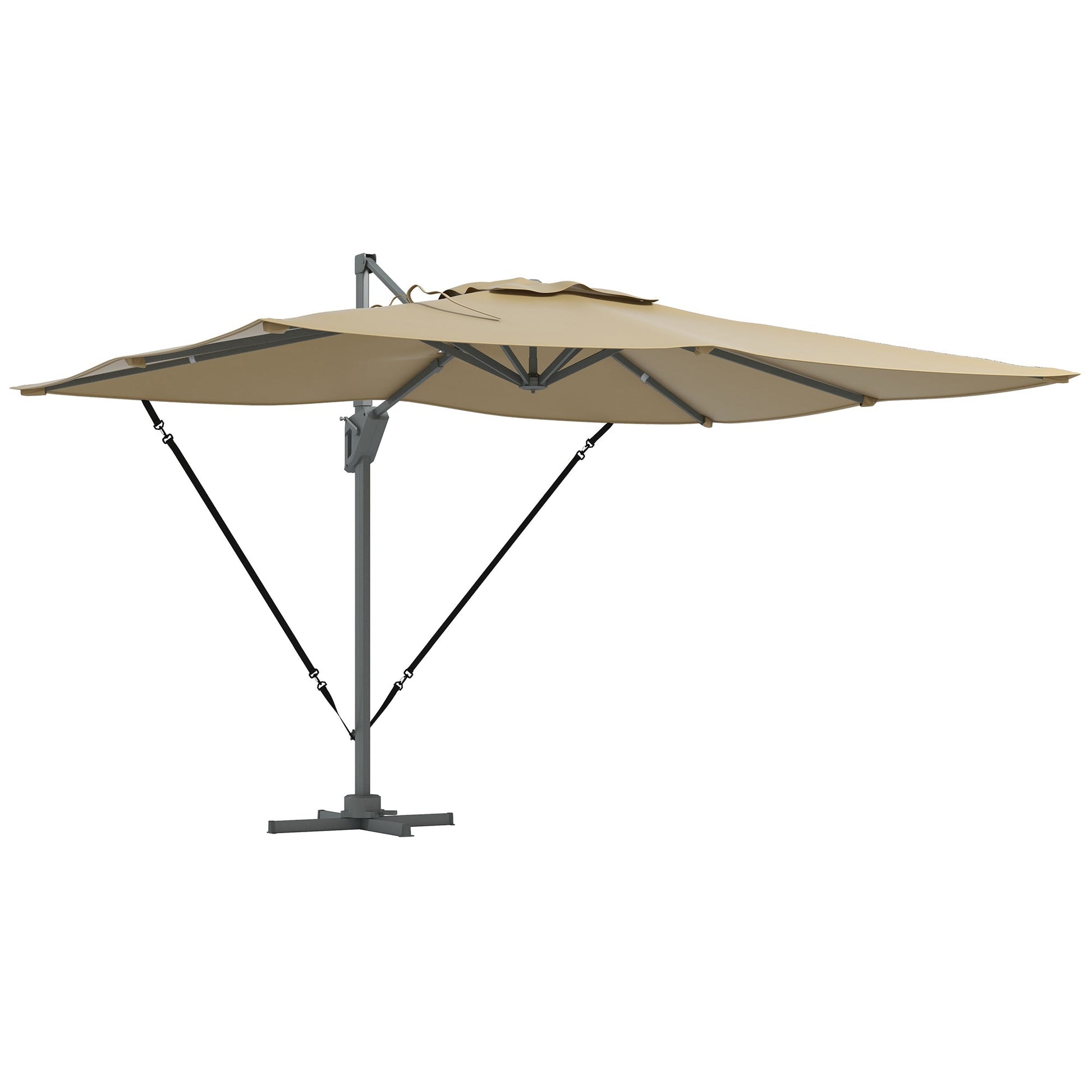 10' x 13' Cantilever Patio Umbrella with Windproof Straps, Aluminium Hanging Offset Umbrella with 4-Position Tilt, 360° Rotating Base, Vent, Outdoor Market Umbrella, Khaki