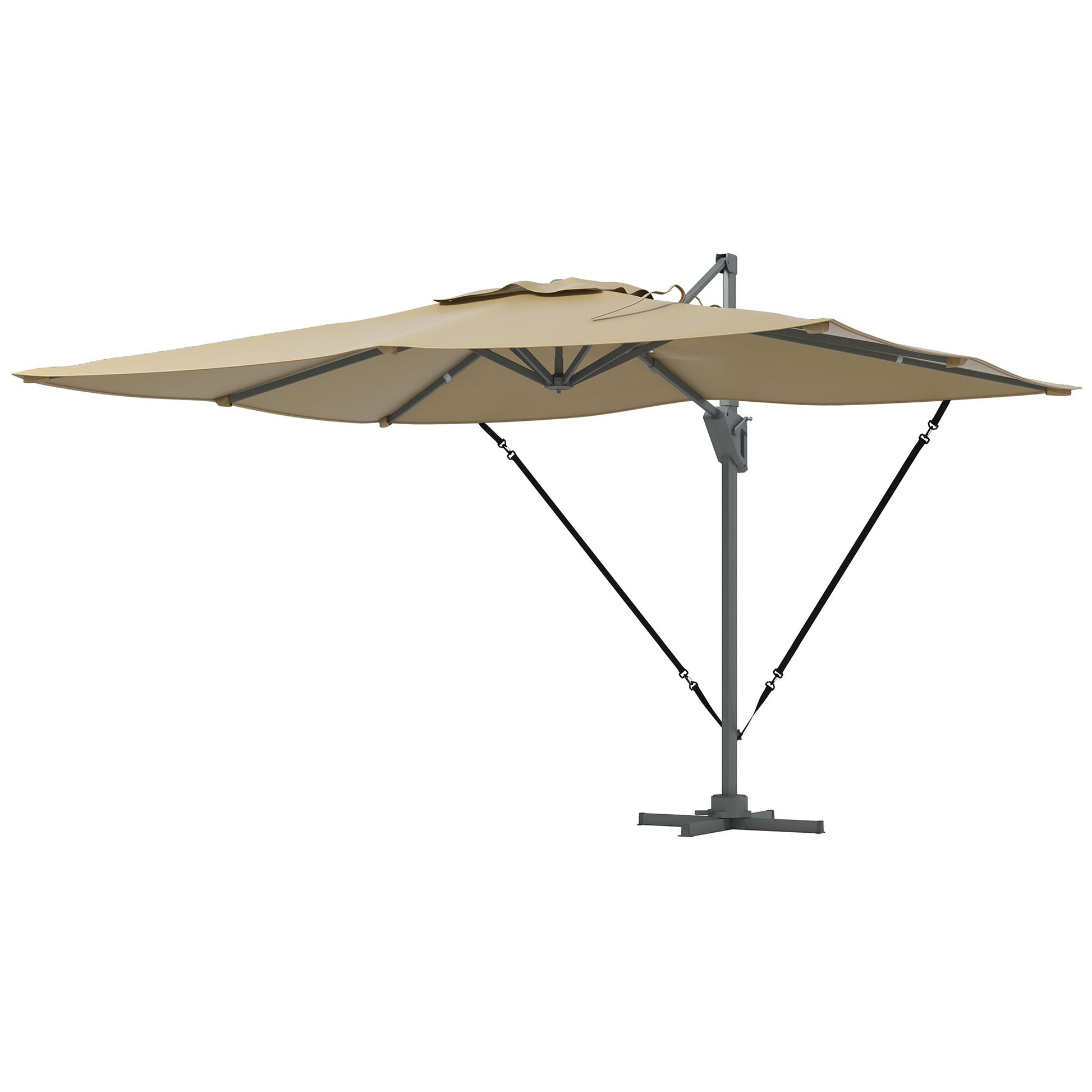 10' x 13' Cantilever Patio Umbrella with Windproof Straps, Aluminium Hanging Offset Umbrella with 4-Position Tilt, 360° Rotating Base, Vent, Outdoor Market Umbrella, Khaki