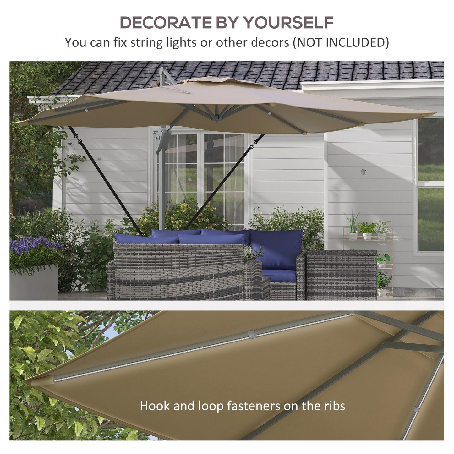 10' x 13' Cantilever Patio Umbrella with Windproof Straps, Aluminium Hanging Offset Umbrella with 4-Position Tilt, 360° Rotating Base, Vent, Outdoor Market Umbrella, Khaki