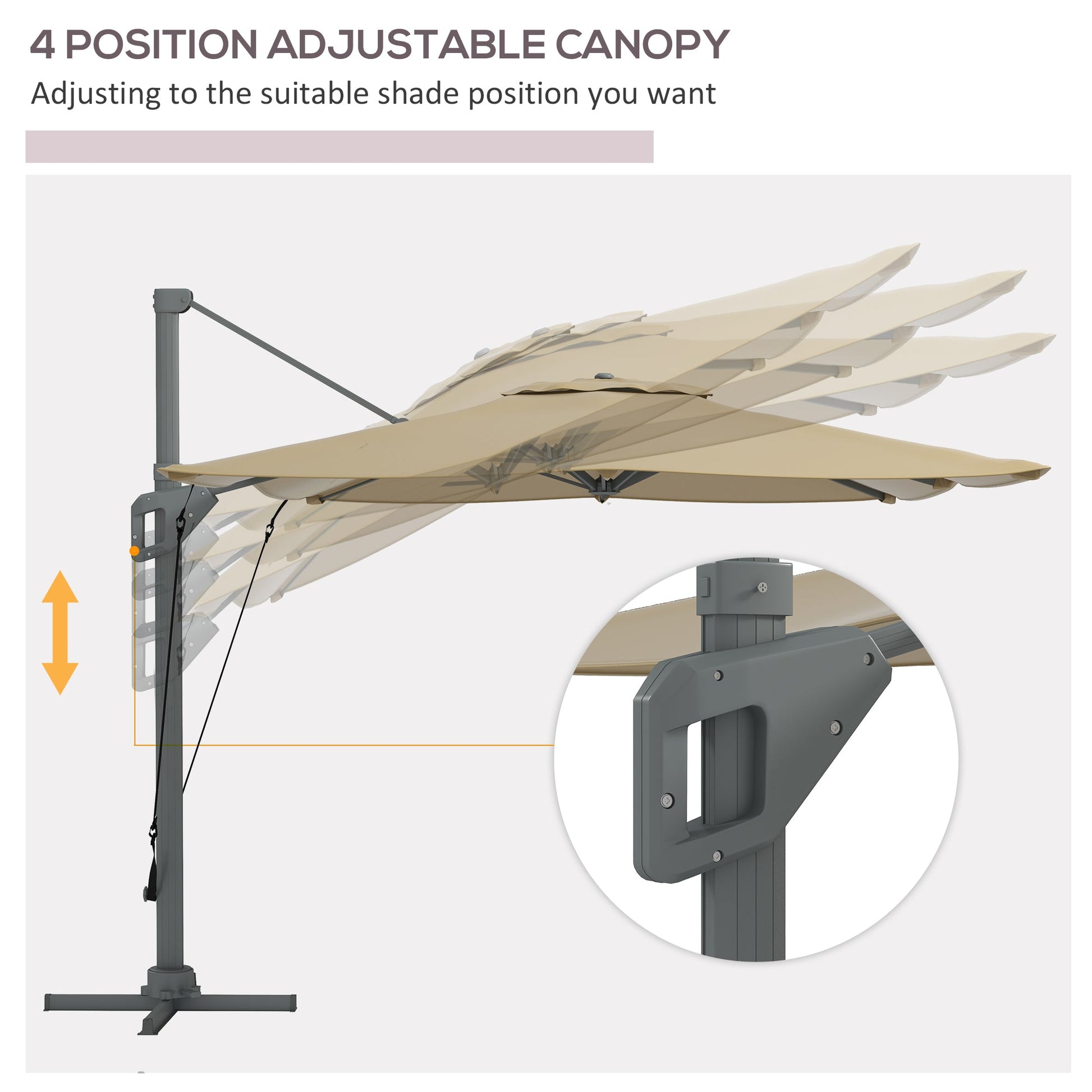 10' x 13' Cantilever Patio Umbrella with Windproof Straps, Aluminium Hanging Offset Umbrella with 4-Position Tilt, 360° Rotating Base, Vent, Outdoor Market Umbrella, Khaki