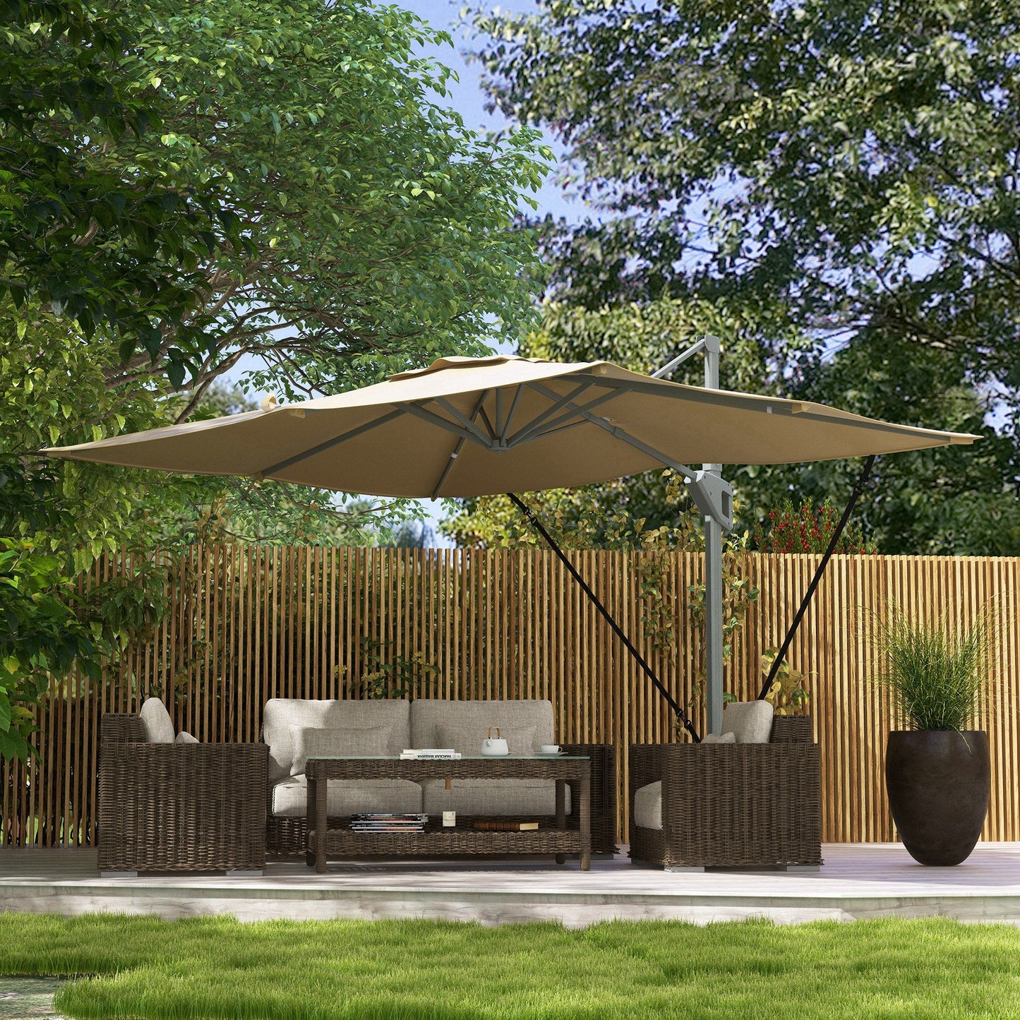 10' x 13' Cantilever Patio Umbrella with Windproof Straps, Aluminium Hanging Offset Umbrella with 4-Position Tilt, 360° Rotating Base, Vent, Outdoor Market Umbrella, Khaki