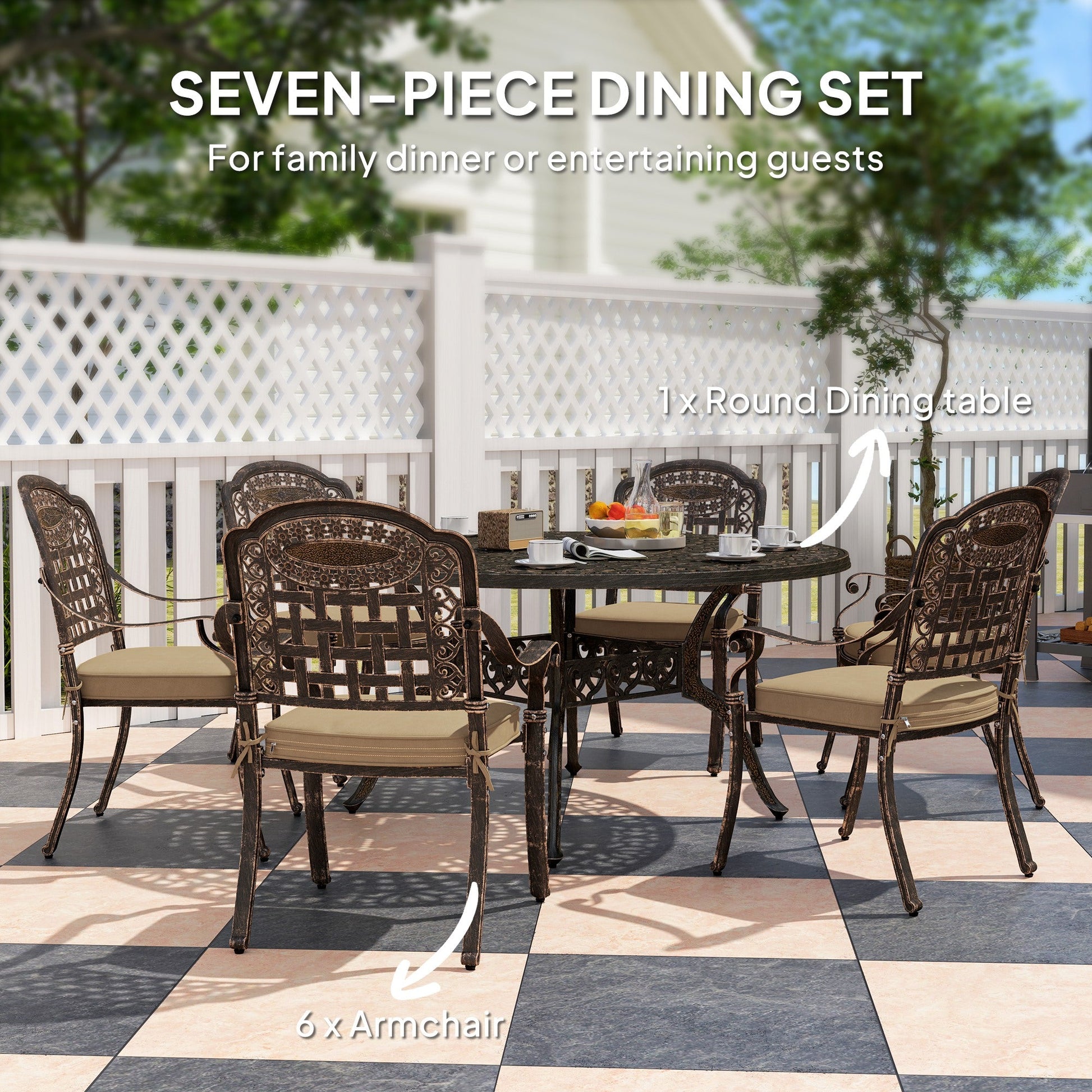 7 Pieces Cast Aluminum Patio Dining Set for 6, Patio Table and Chairs with Umbrella Hole and Cushions, Outdoor Furniture Dining Set for Garden Backyard Poolside, Bronze
